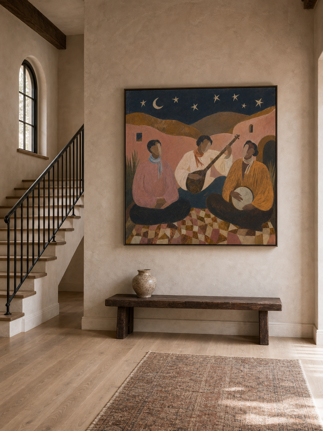 Vintage Folk Music Painting With Musicians Under Stars For Living Room Decor