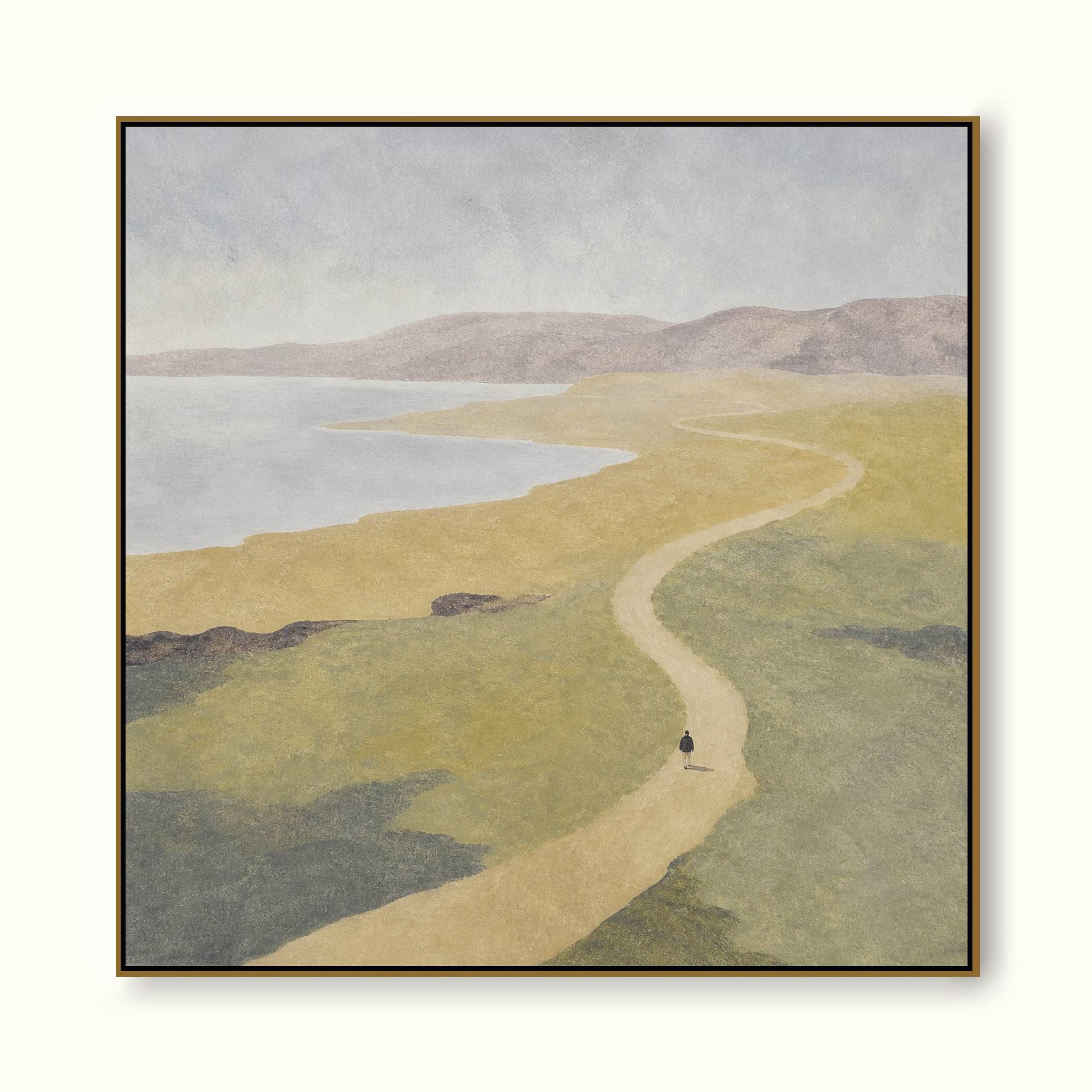 Minimalist Winding Lakeside Path Canvas Art With Lone Walker For Office Decor