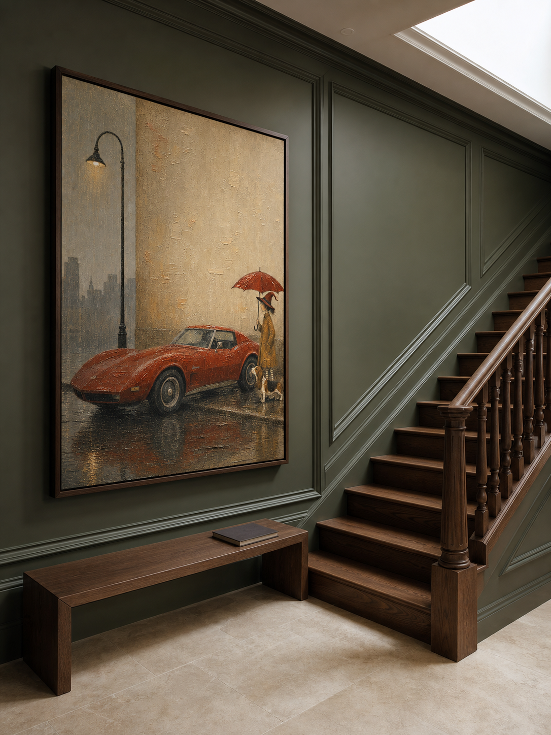 Vintage Rainy Day Travel Art With Dog And Classic Car For Home Decor