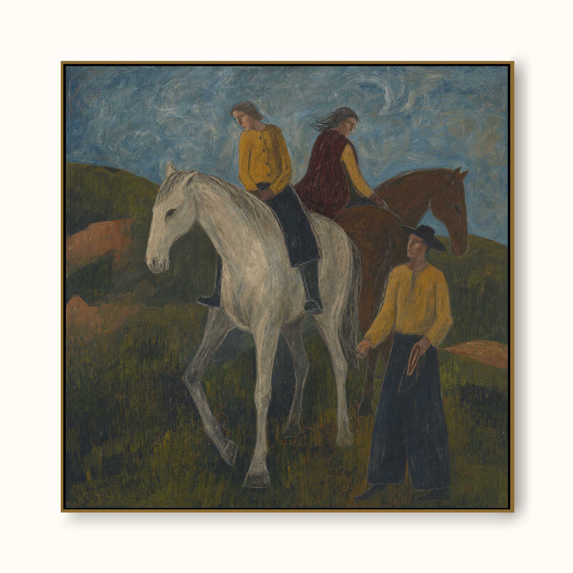 Contemporary Folk Art Painting Of Horses And Riders In Rustic Western Style