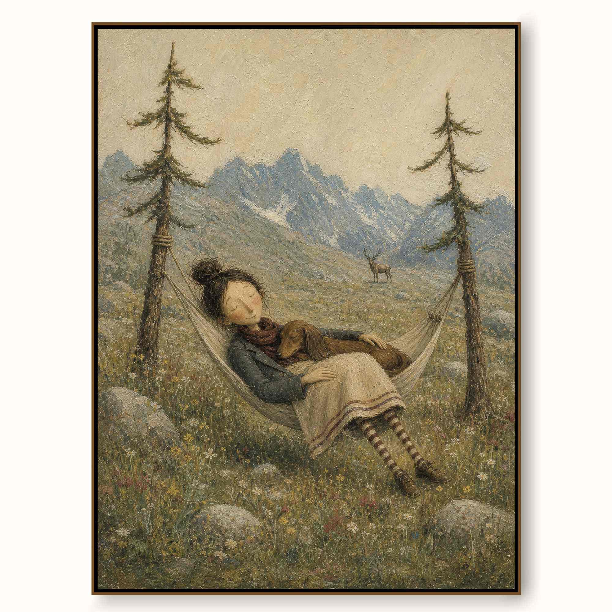 Serene Mountain Landscape Oil Painting With Hammock For Peaceful Living Room Wall Art