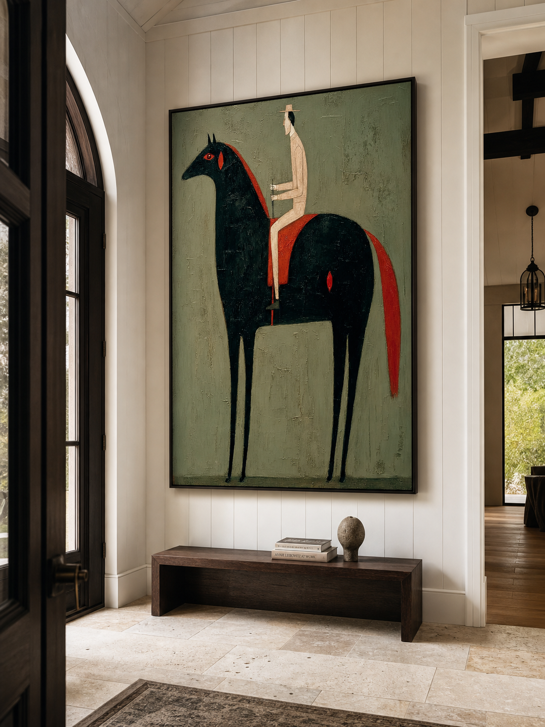 Vintage Equestrian Oil Painting Black Horse And Rider Vertical Canvas Wall Art For Living Room Decor