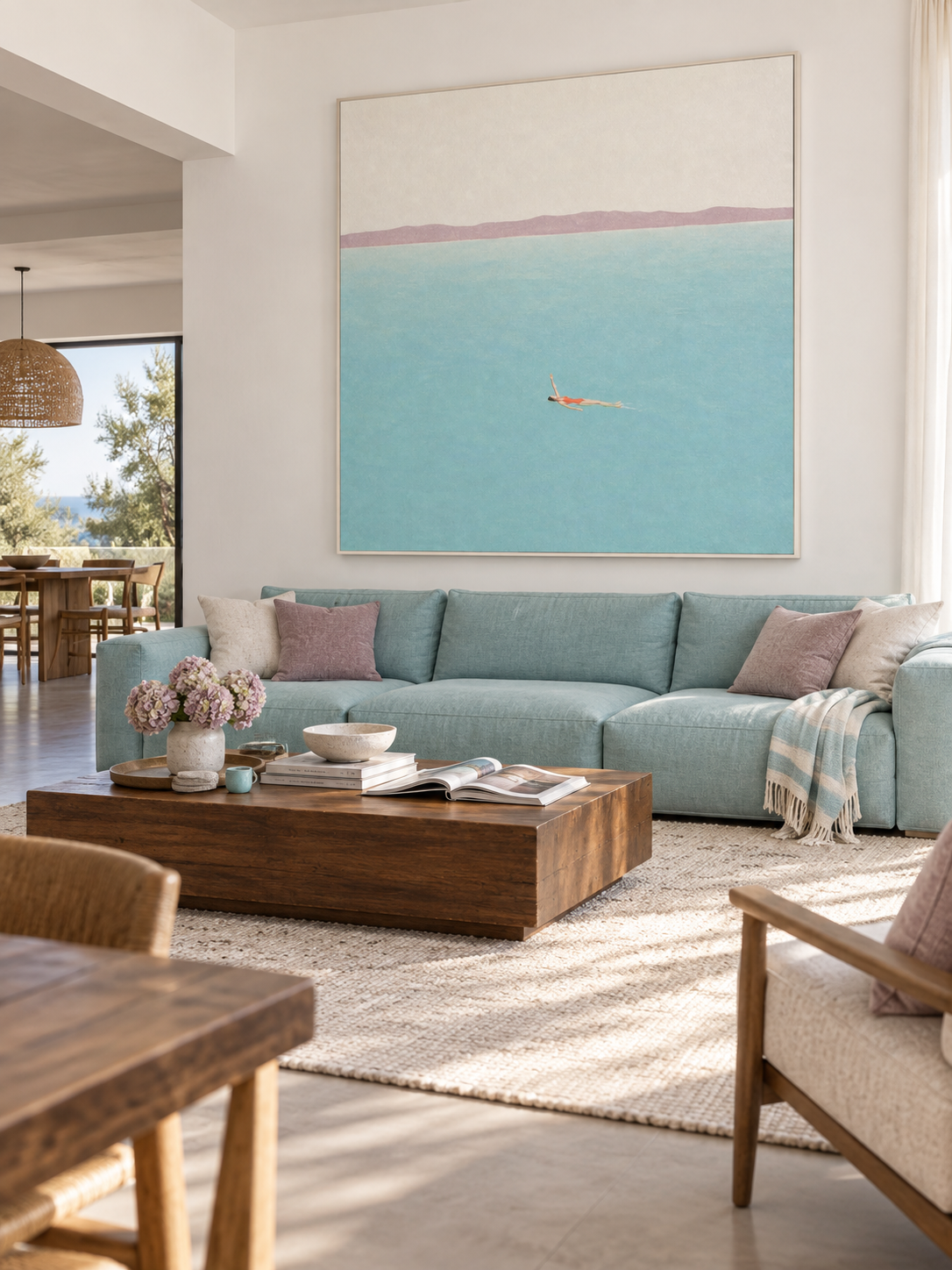 Woman Backstroke Swimming Across Turquoise Open Water Hand Painted Wall Art