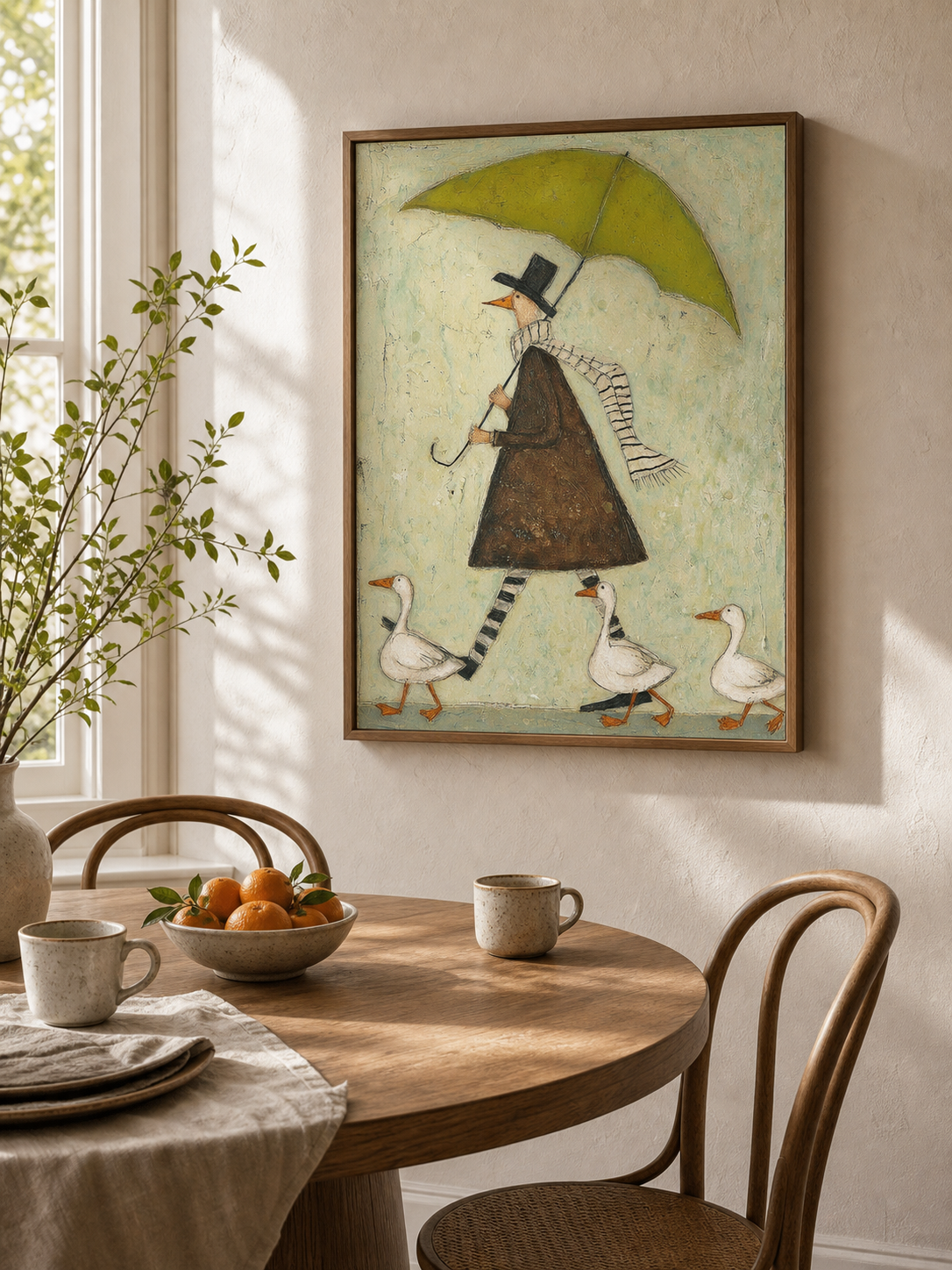 Whimsical Green Umbrella Man With Geese Original Oil Painting On Linen Canvas For Modern Home Decor