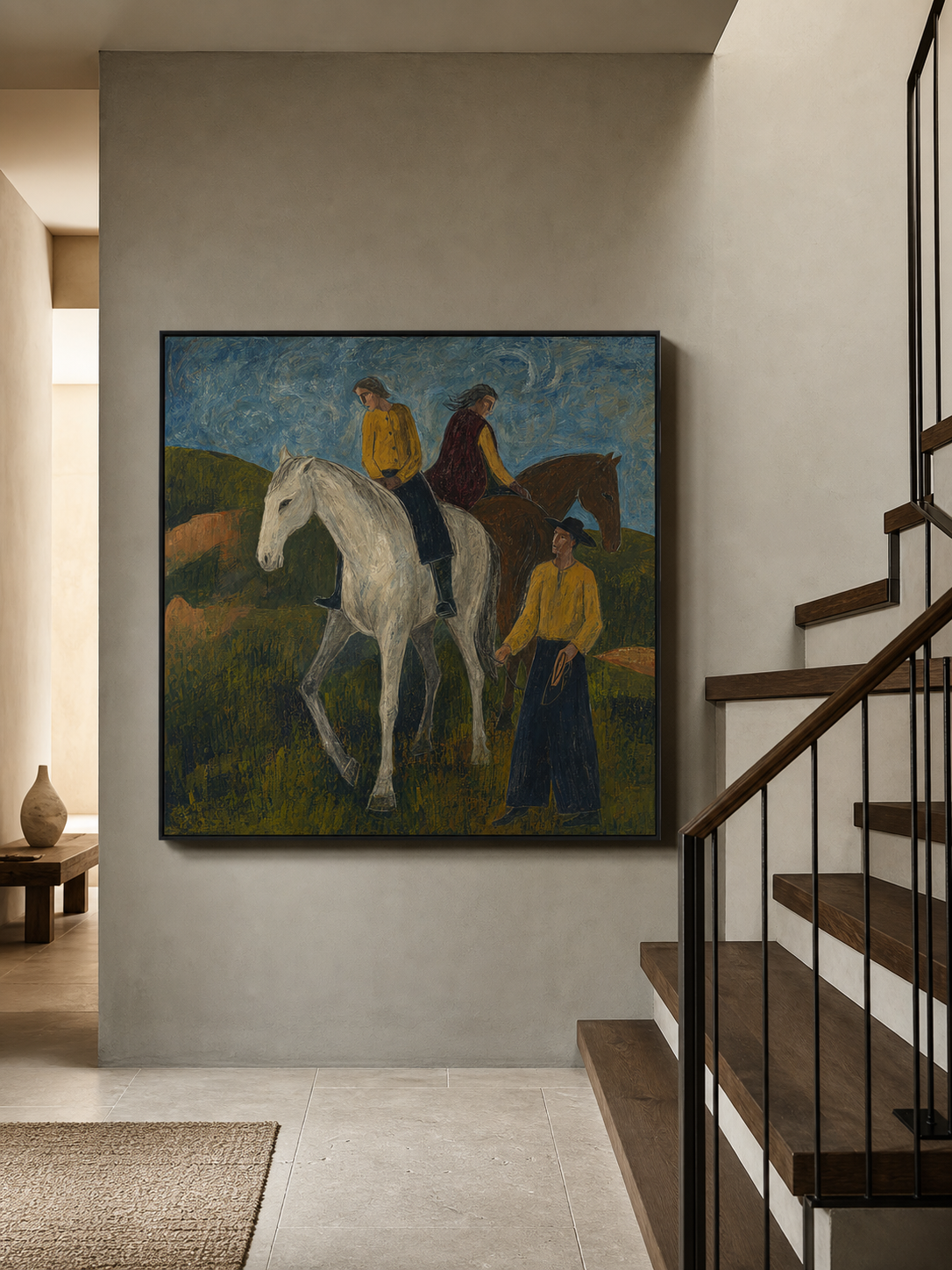 Contemporary Folk Art Painting Of Horses And Riders In Rustic Western Style