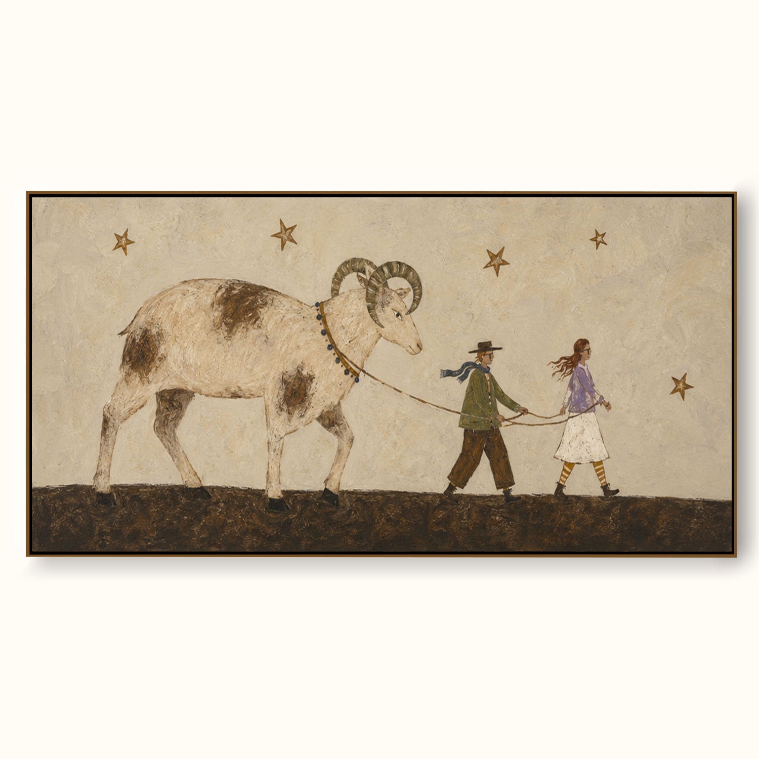Hand Painted Folk Goat Journey Painting Bohemian Symbolic Wall Art Naive Mythic Story Artwork