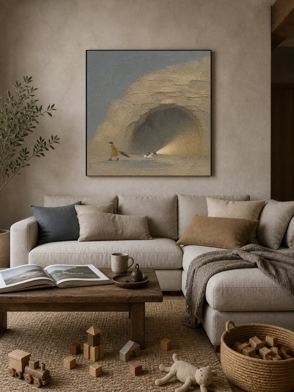 Textured Coastal Travel Art With Surreal Cave Scene In Beige And Grey Tones For Living Room
