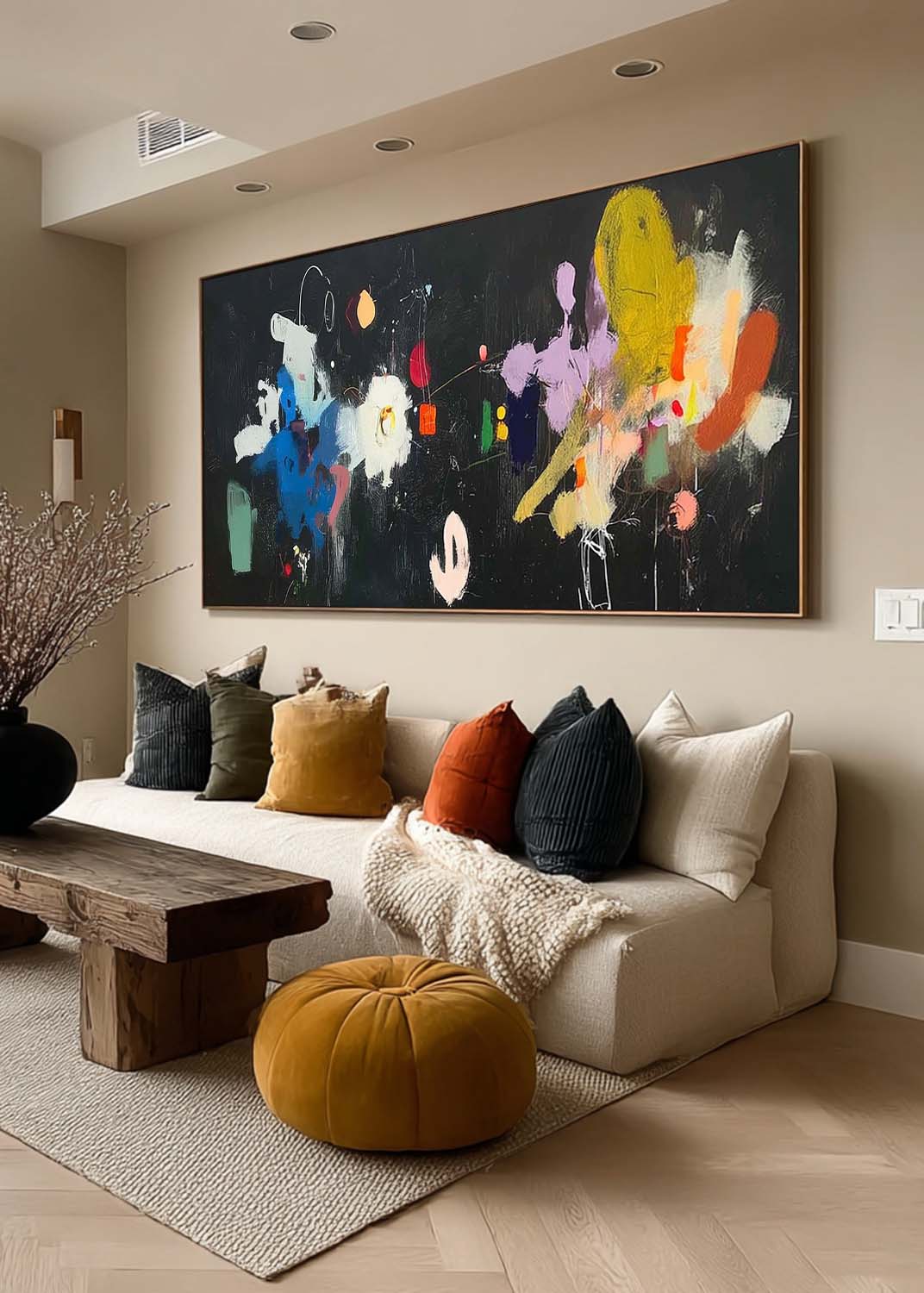 Large Horizontal Abstract Painting With Vibrant Colors On Black Canvas