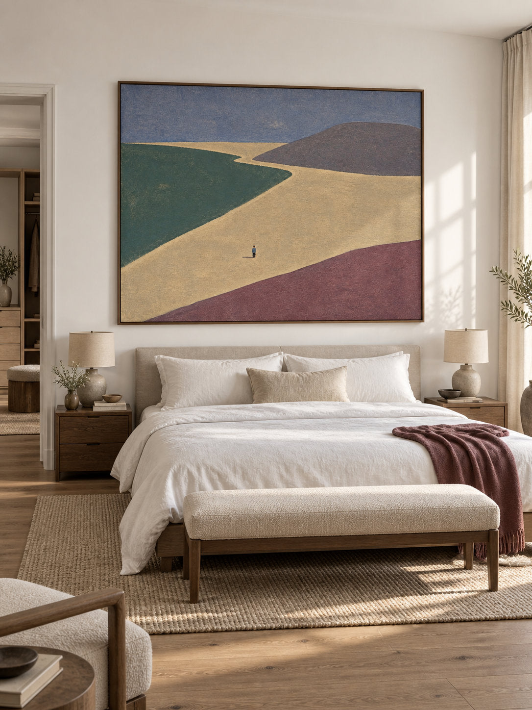 Minimalist Color Block Landscape Canvas Art With Lone Figure For Bedroom Decor