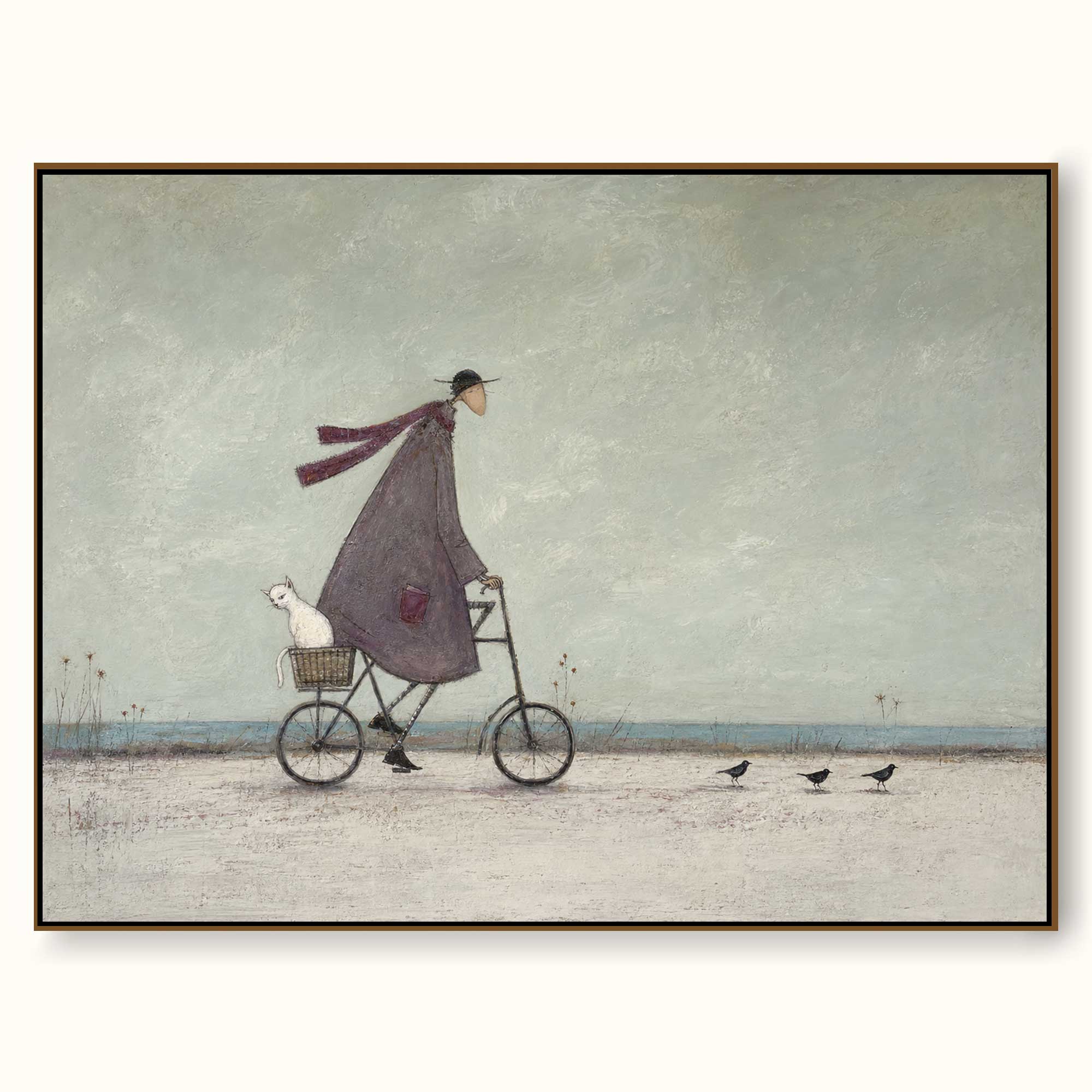 Whimsical Seaside Bicycle Canvas Art Man Ride Coastal Vintage Oil Painting