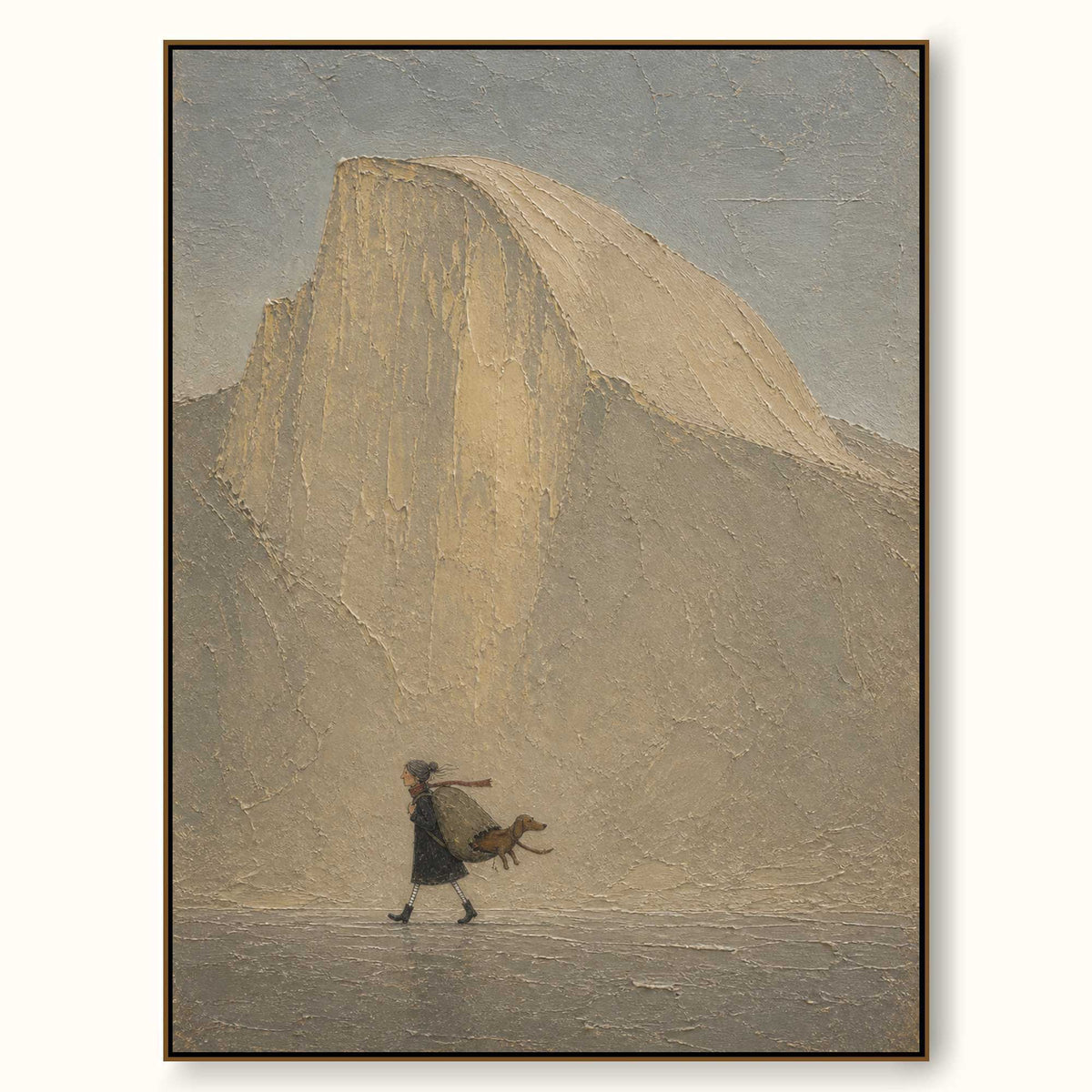 Vintage Traveler And Dog Canvas Painting With Textured Mountain