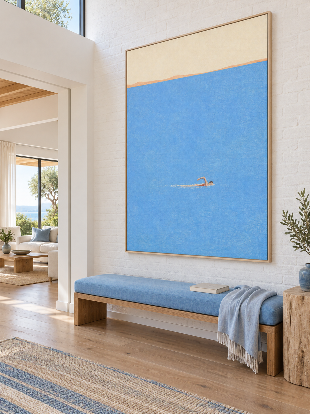 Swimmer In Endless Blue Sea Hand-Painted Canvas Wall Art