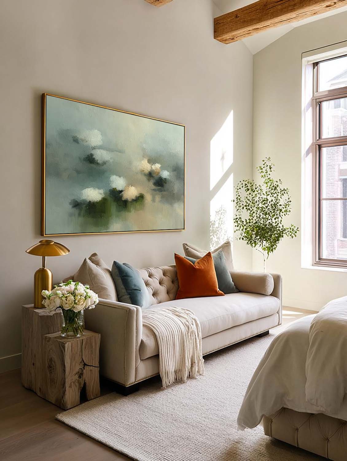 Large Horizontal Abstract Floral Painting In Soft Green And White For Living Room