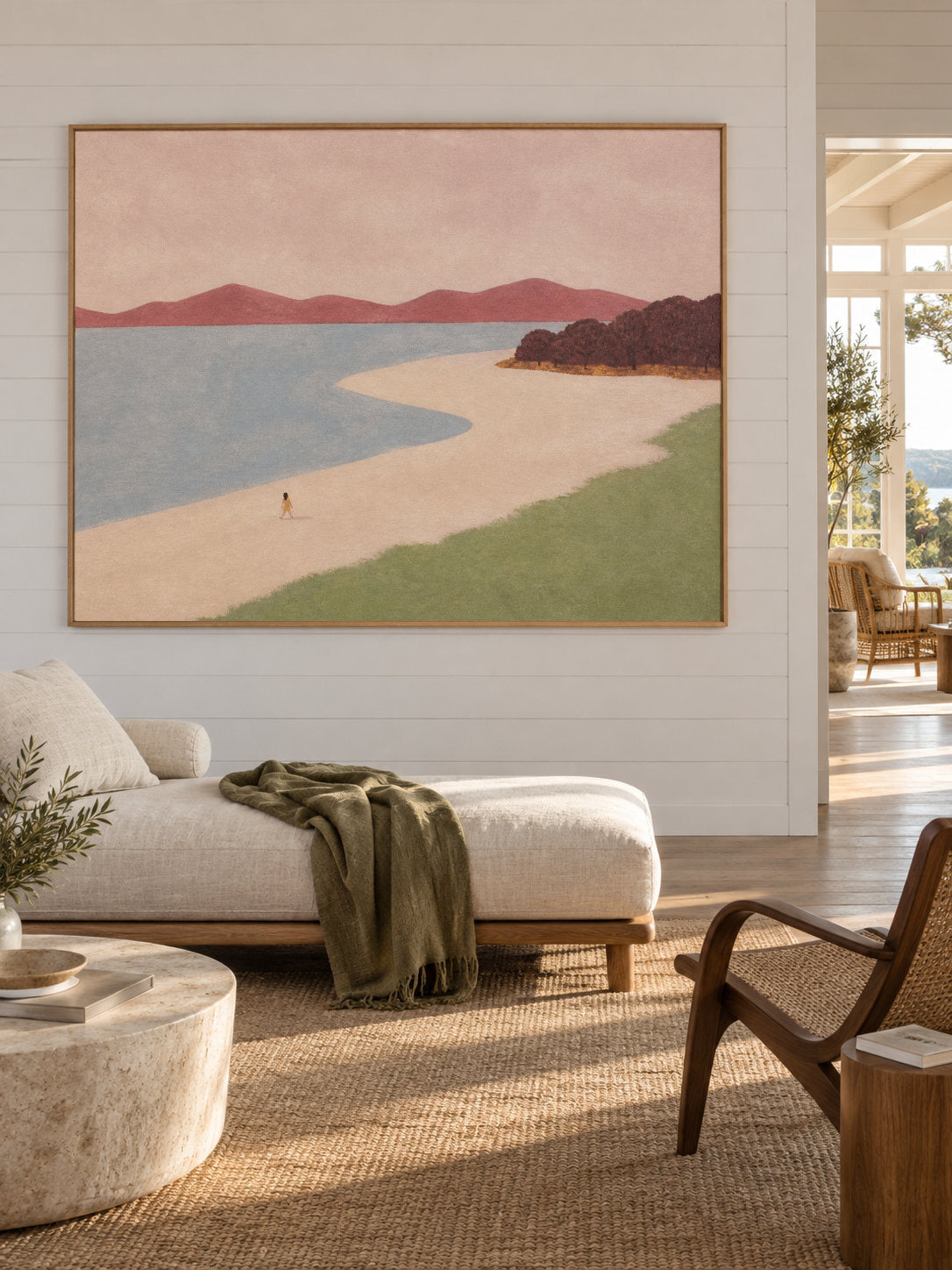 Neutral Dusty Blue Beach Canvas Art With Lone Walker For Modern Bedroom Decor