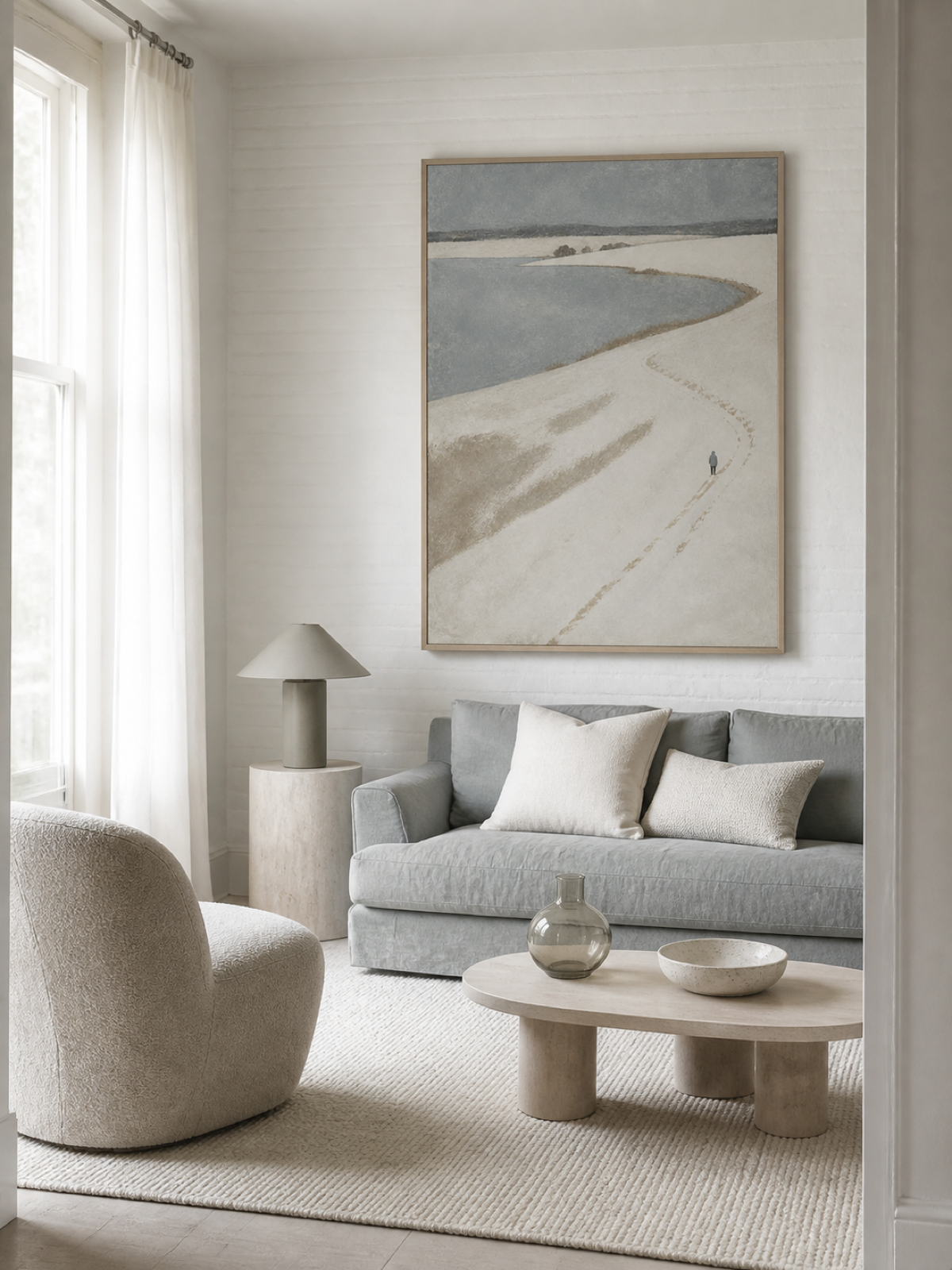 Solitary Walker Following A Snowy Coastal Path Contemporary Oil Painting