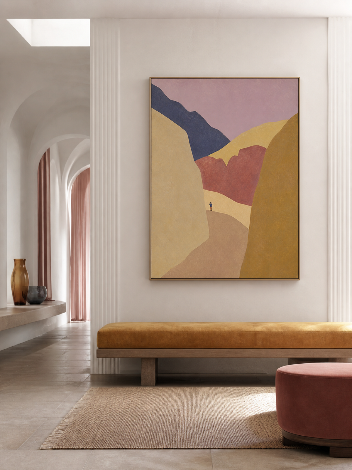 Oversized Abstract Valley With Warm Ochre Peaks Minimalist Framed Painting