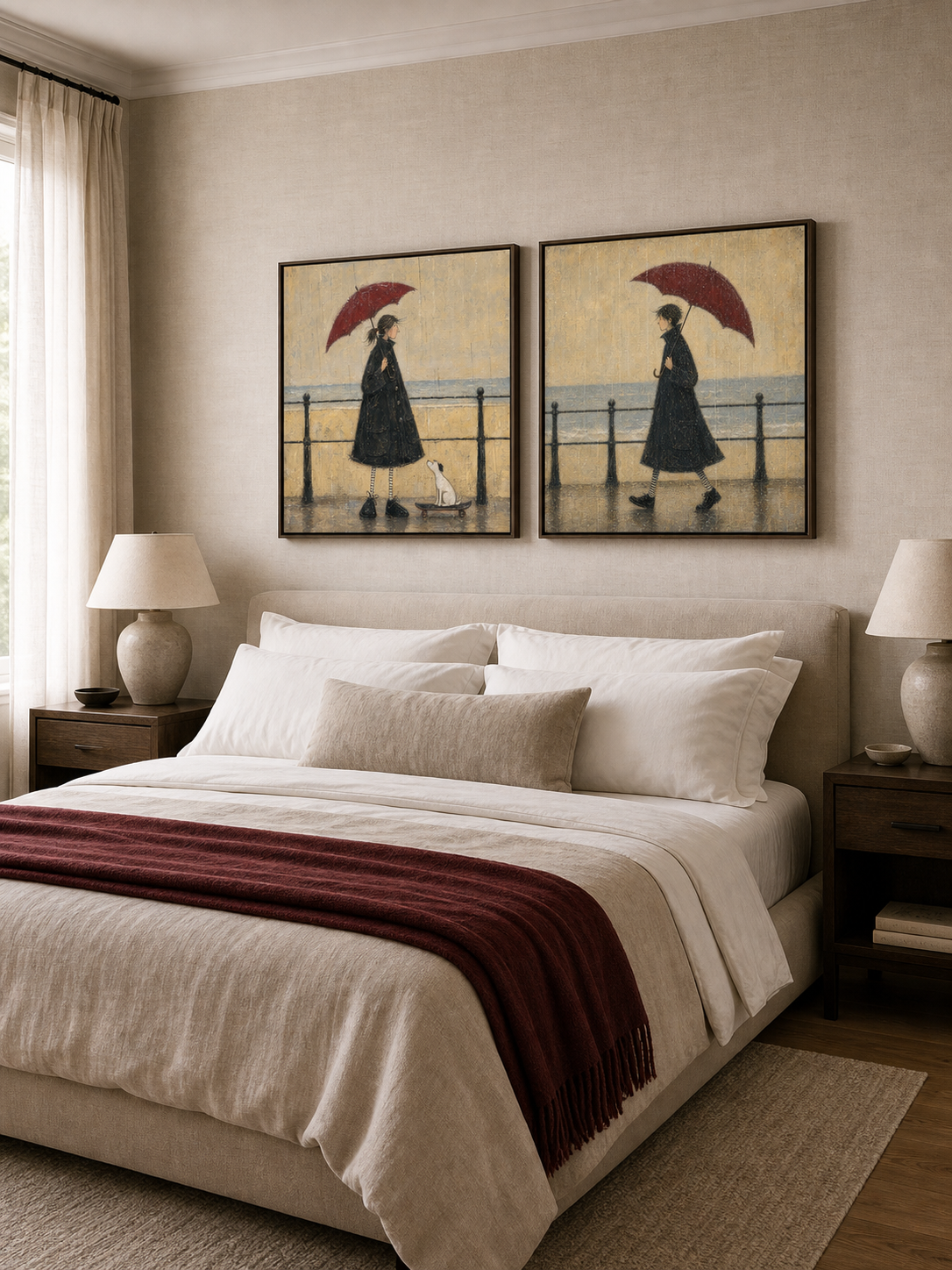 Vintage Seaside Couple Diptych With Red Umbrellas Hand Painted Oil Painting For Bedroom