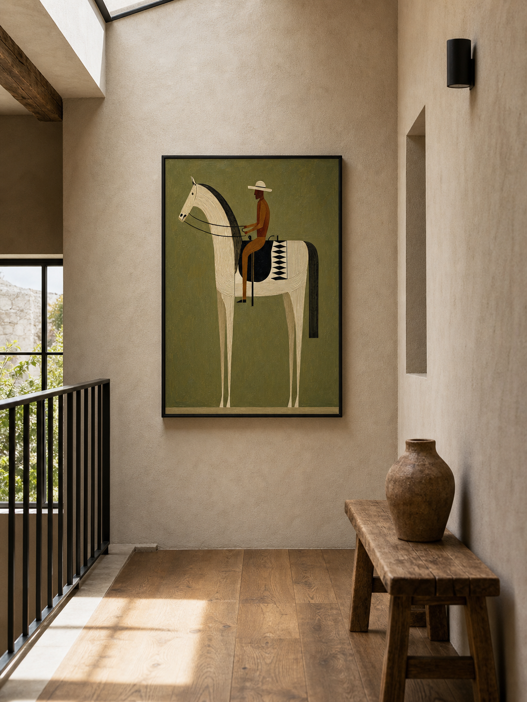 Retro Minimalist Horse And Rider Painting With Earthy Tones For Modern Home Decor