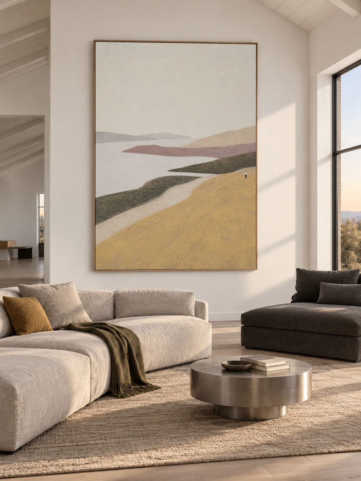 Large Golden Lakeside Canvas Art With Lone Figure For Living Room Decor