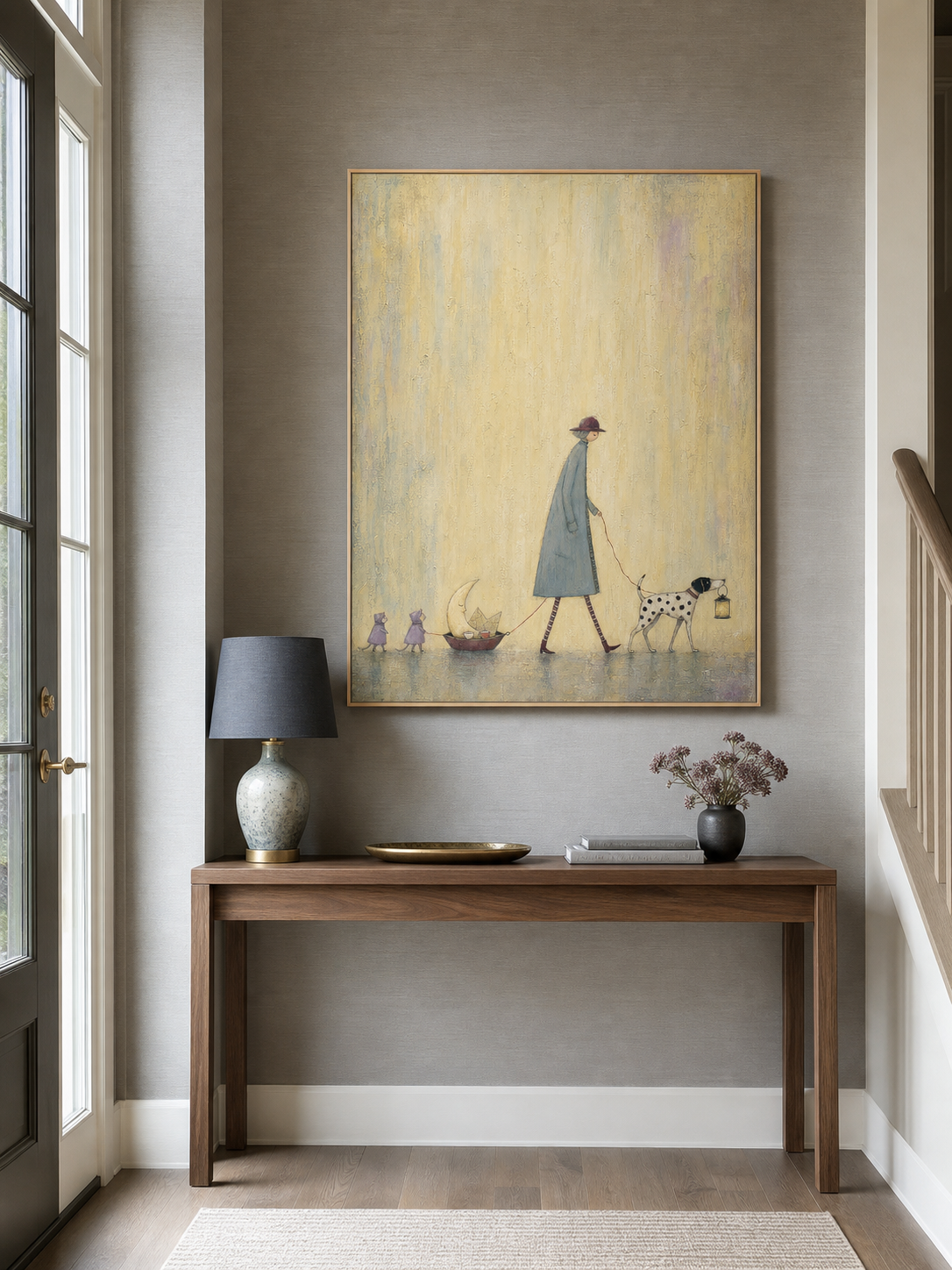 Whimsical Dog And Moon Art For Kids Room Naive Folk Painting