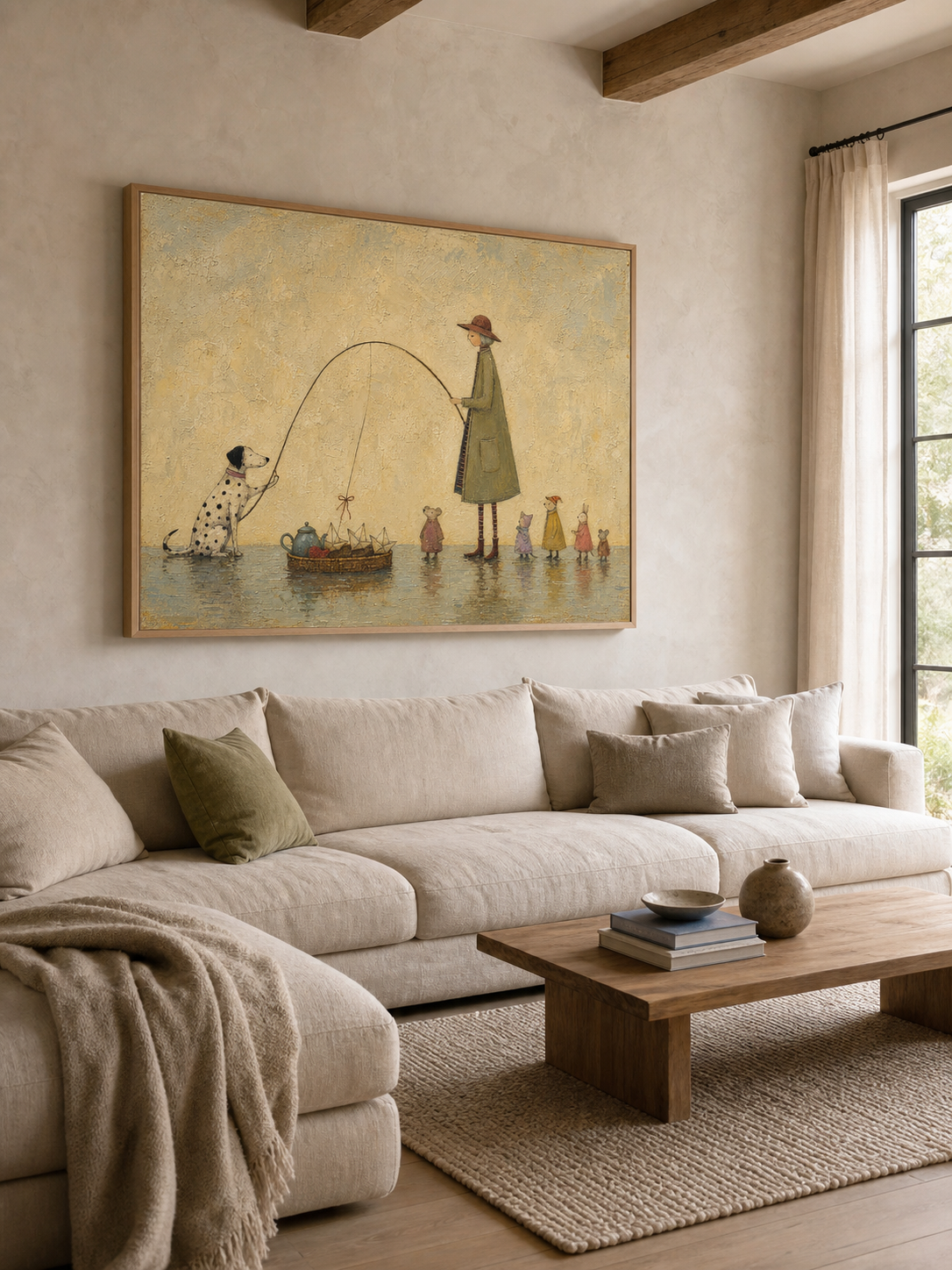 Whimsical Dog And Paper Boats Canvas Art Storybook Family Vintage Wall Decor