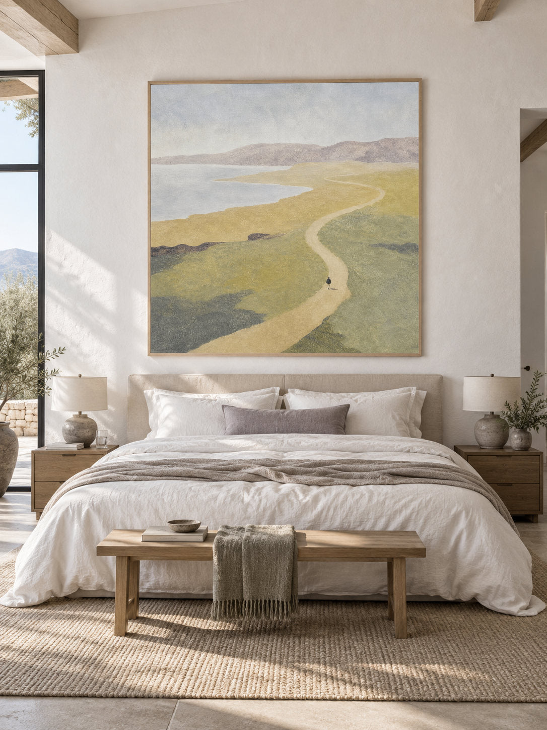 Minimalist Winding Lakeside Path Canvas Art With Lone Walker For Office Decor