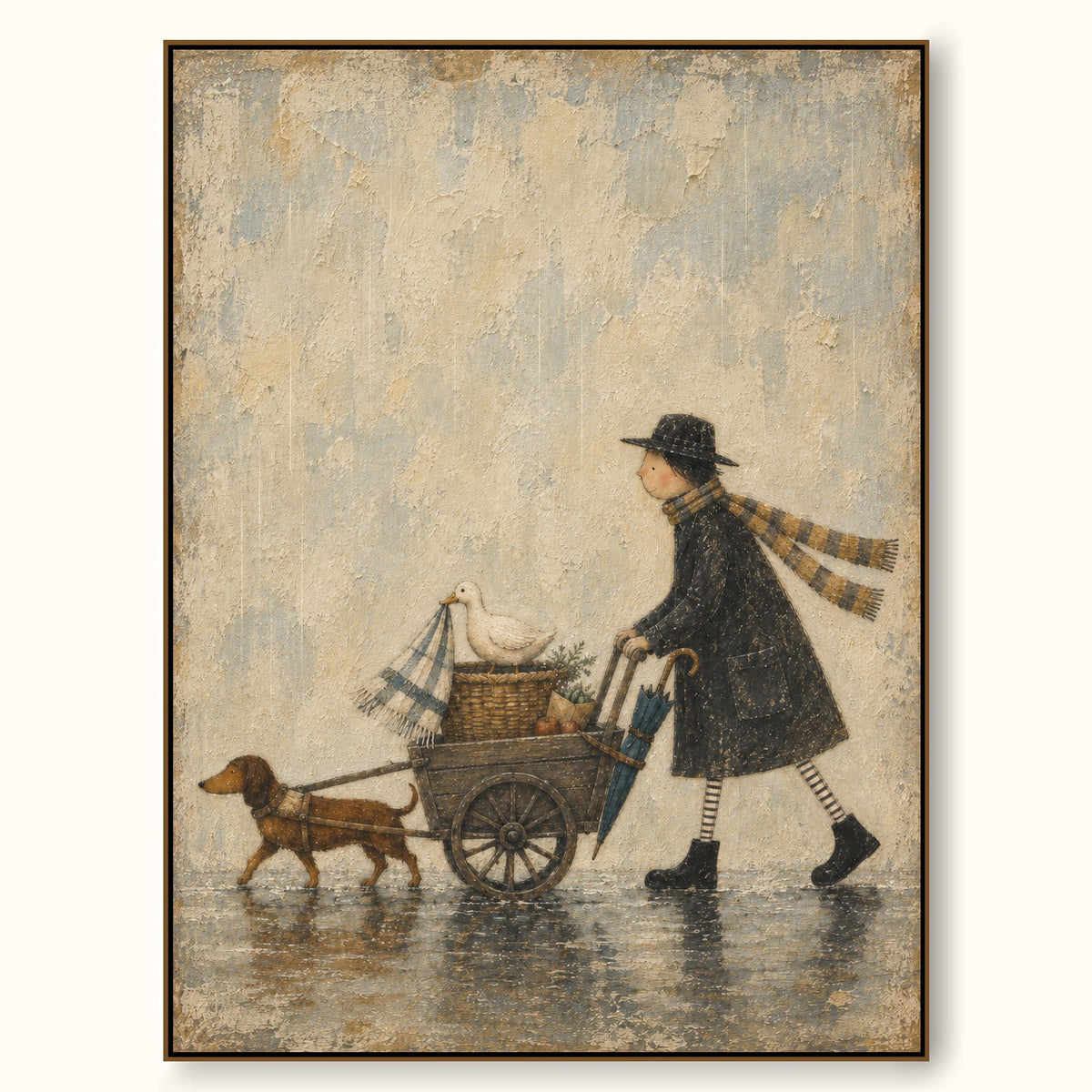 Whimsical Rainy Day Cart With A Man Dog And Duck Hand Painted Wall Art
