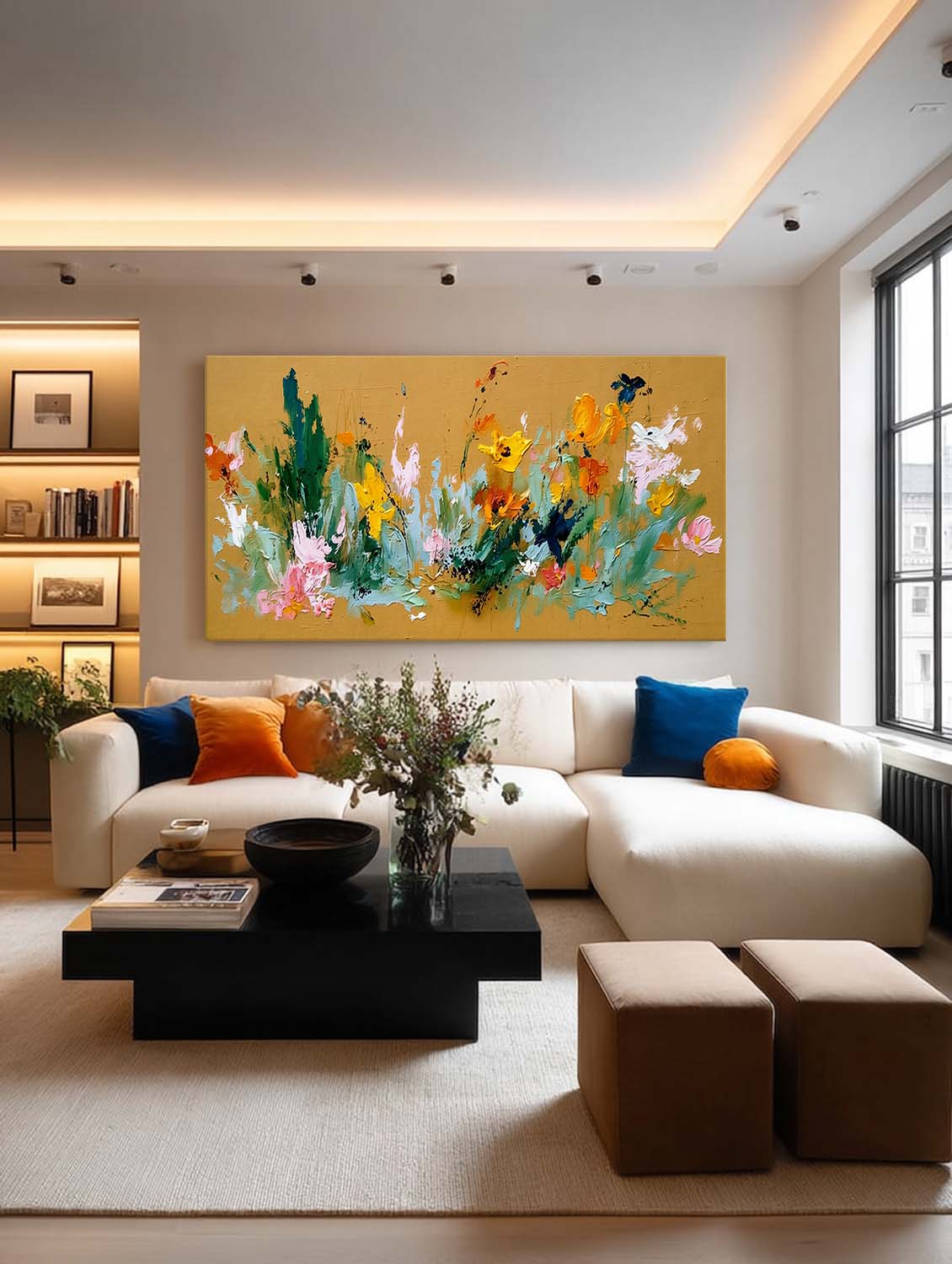 Large Horizontal Abstract Floral Painting With Gold And Green Tones For Living Room