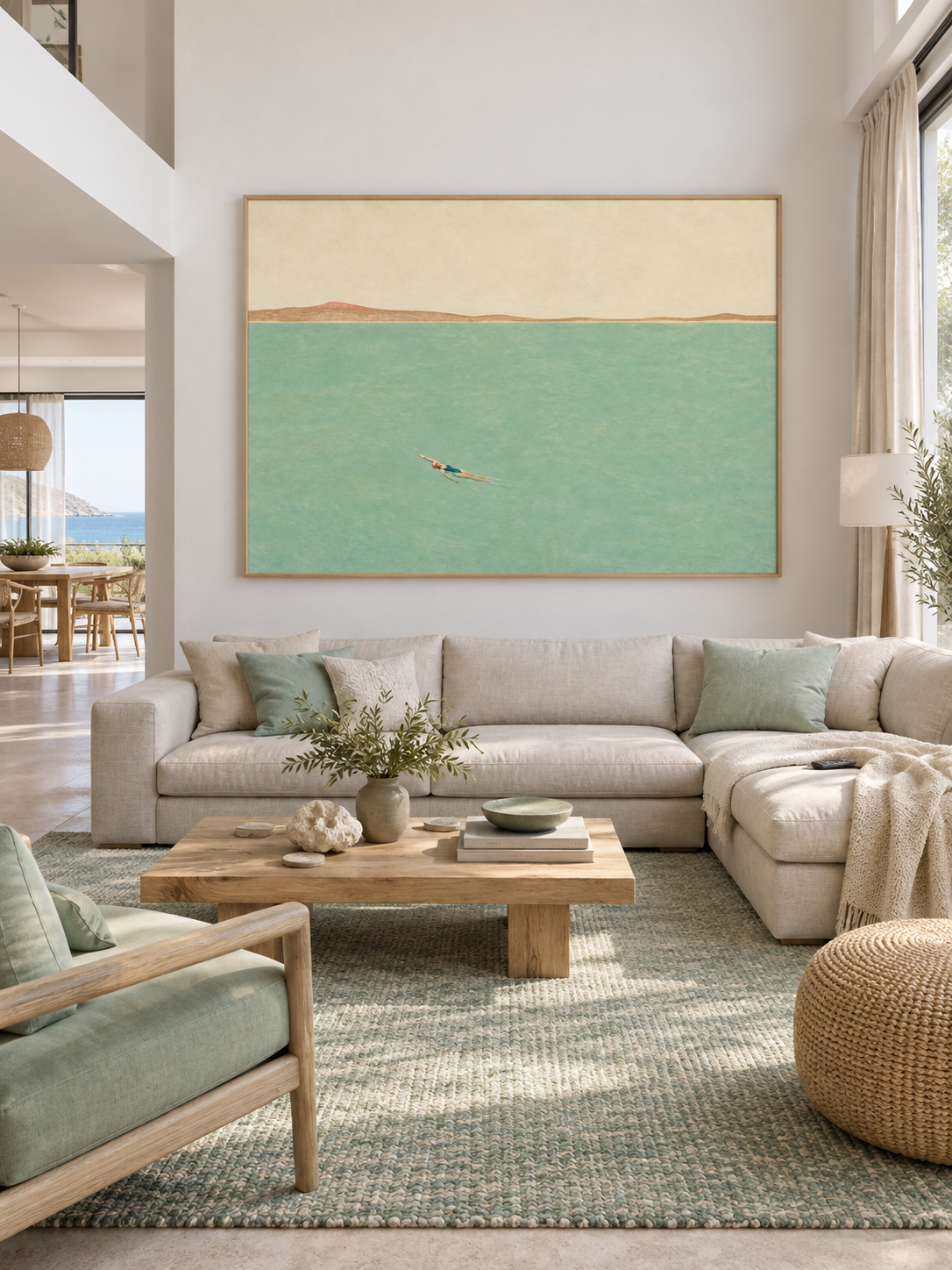 Solo Swimmer In Teal Sea Hand-Painted Canvas Wall Art For Bedroom Decor