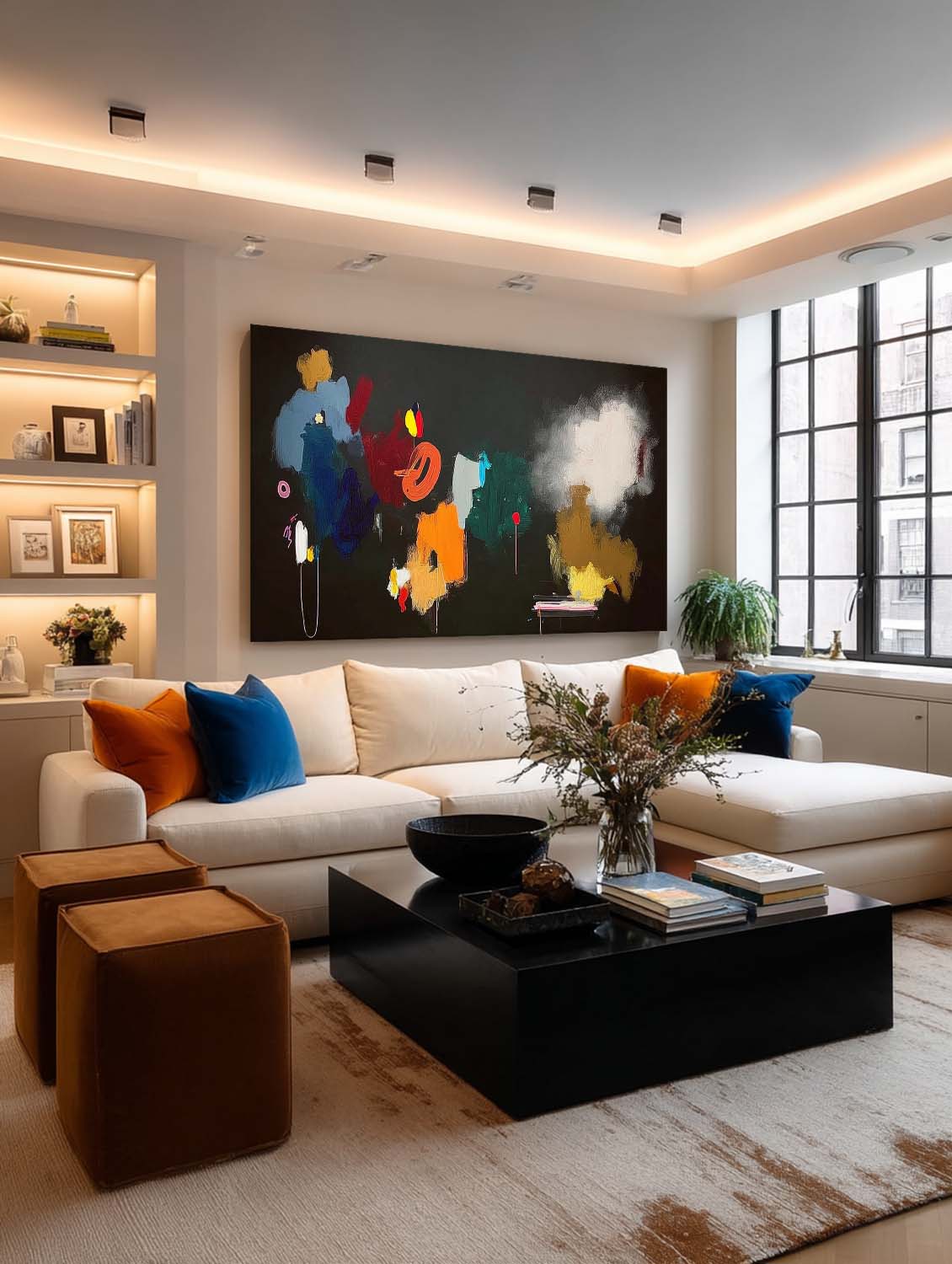 Large Horizontal Abstract Oil Painting With Vibrant Colors For Modern Living Room