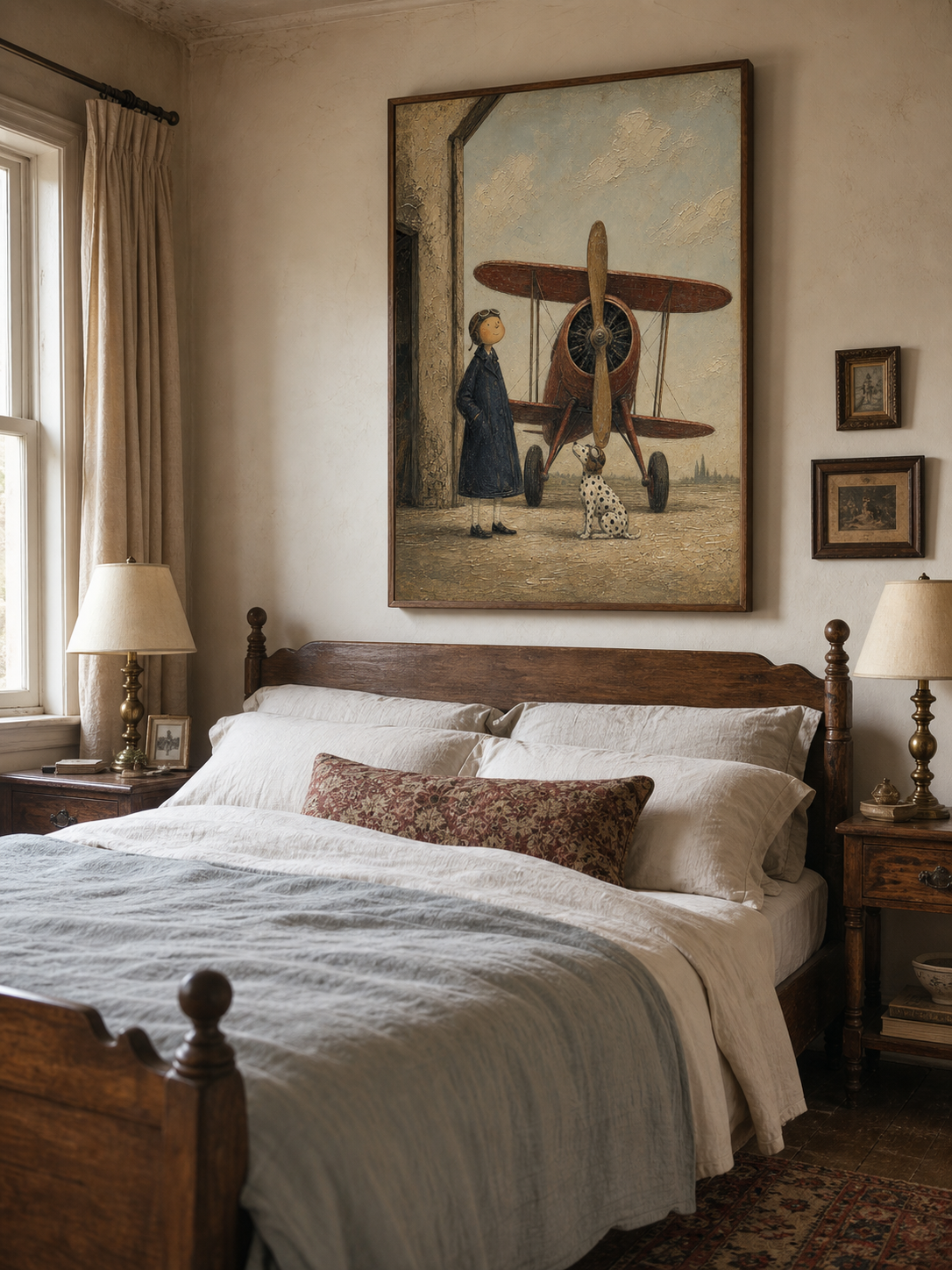 Vintage Pilot And Dalmatian Dog Wall Art With Classic Biplane For Study