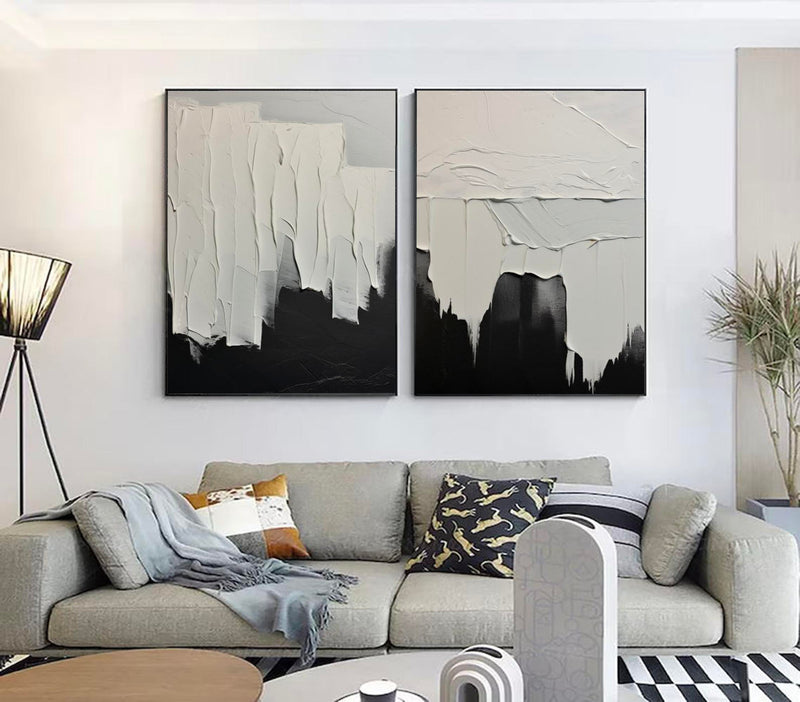 Minimalist White And Black Painting Large Black Wall Art Set of 2 White And Black Textured Wall Art
