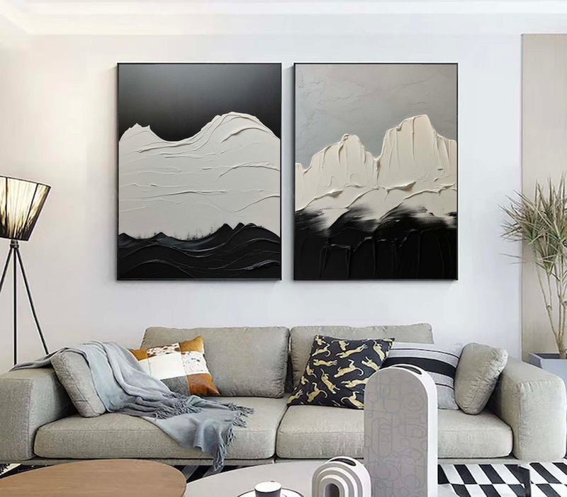 Set Of 2 Minimalist Canvas Painting White And Black Minimalist Acrylic Painting Black and White Abstract Art