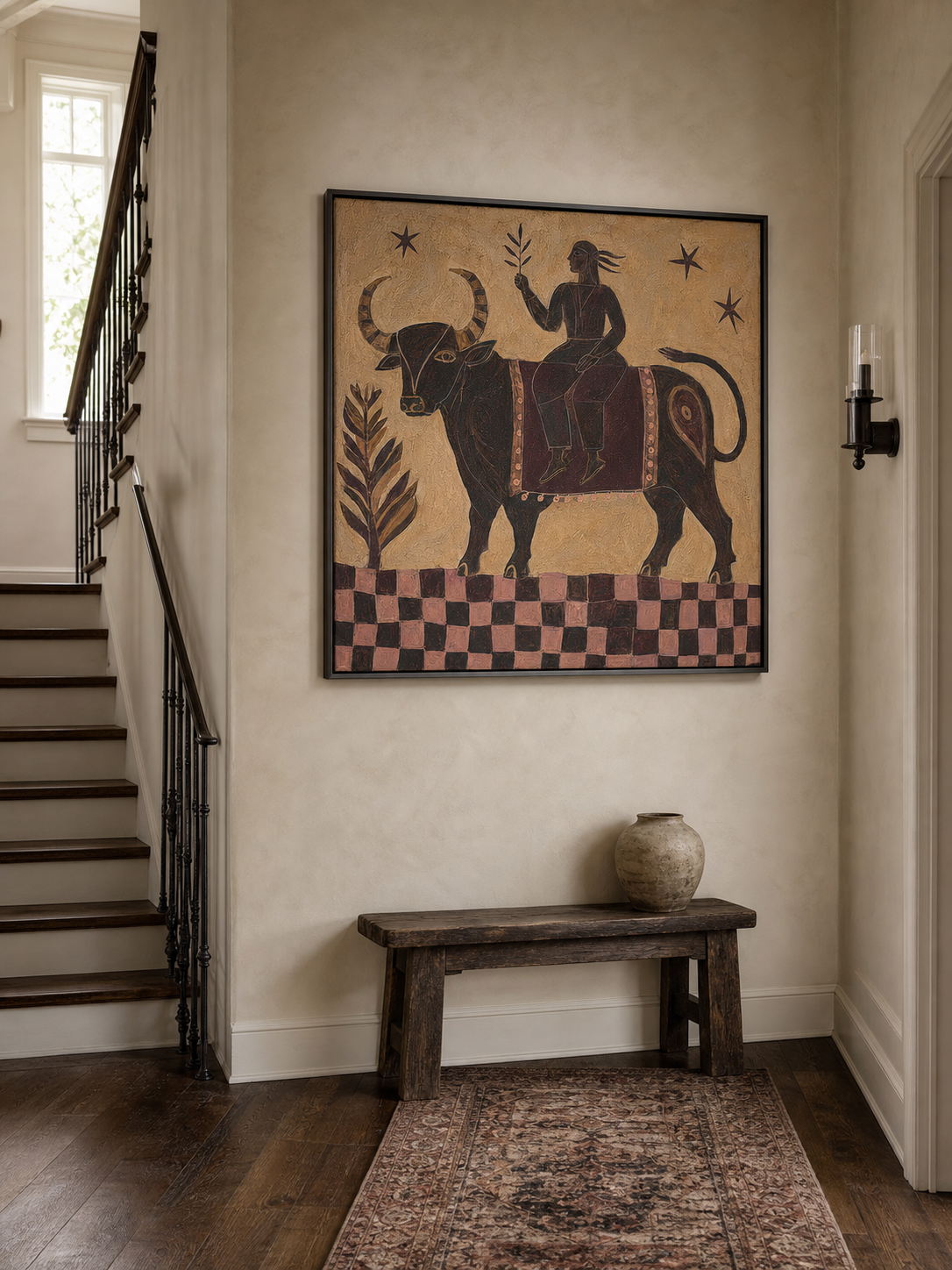 Hand Painted Mythic Bull Rider Painting Bohemian Folk Animal Wall Art Naive Southwestern Artwork
