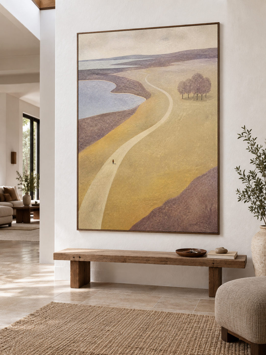 Neutral Ochre Landscape Wall Art With Distant Trees For Modern Bedroom Decor