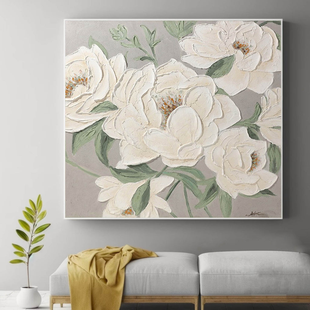 3d White Flower Oil Painting White Textured Flower Wall Art Minimalist ...