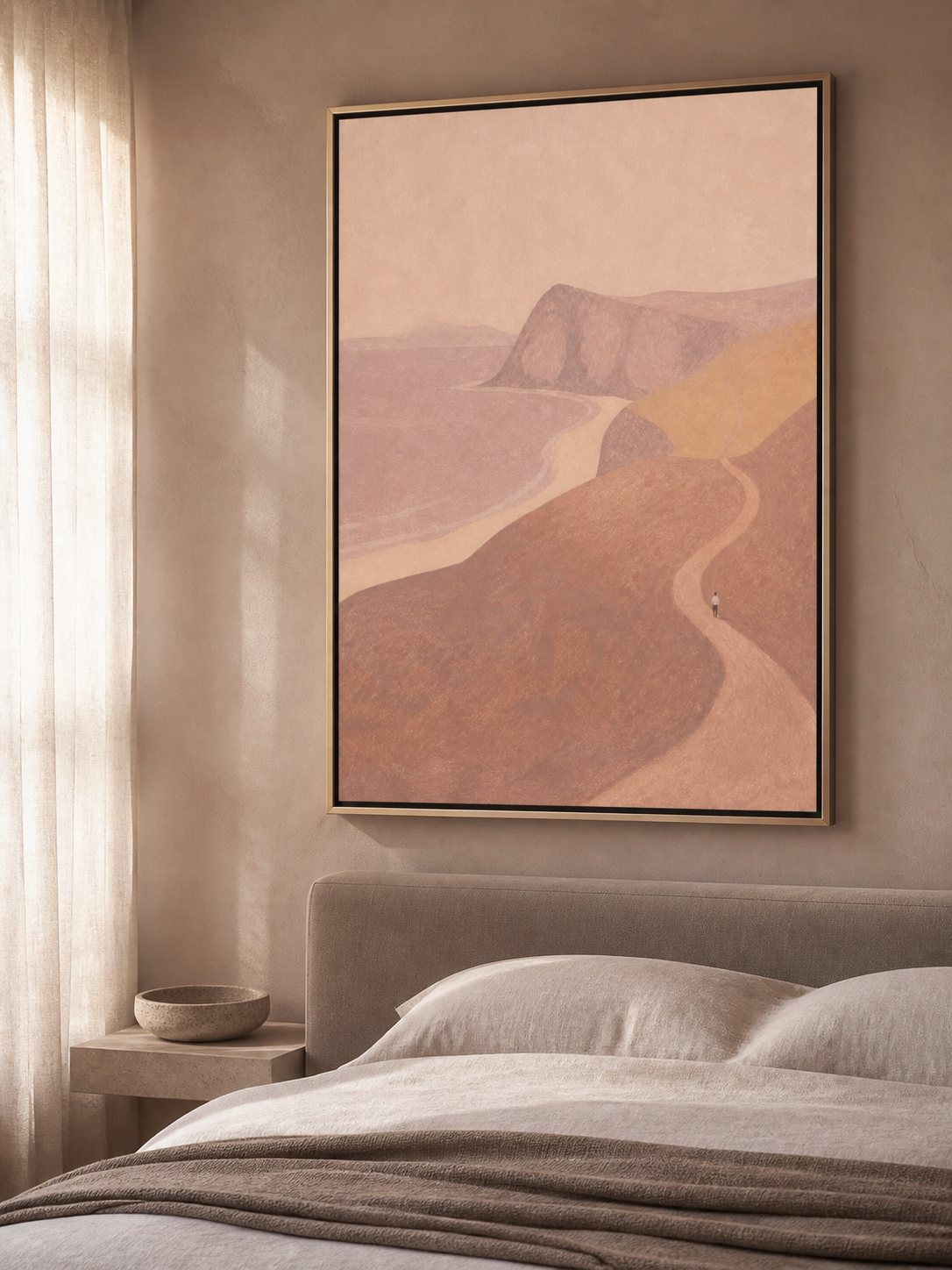Minimalist Figure On Winding Path Hand-Painted Canvas Art In Earth Tones