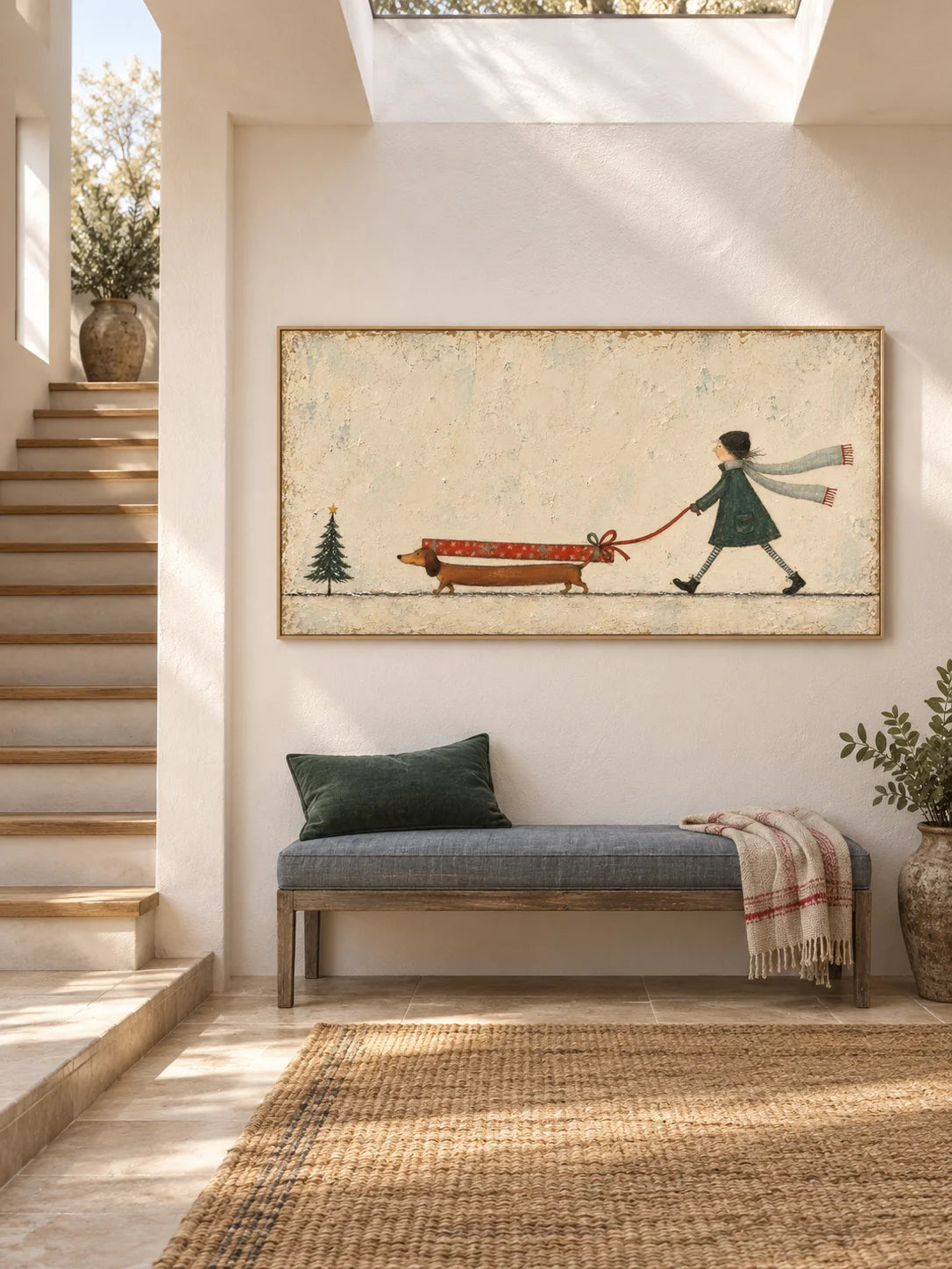 Hand-Painted Dachshund Christmas Art With Girl And Gift Canvas