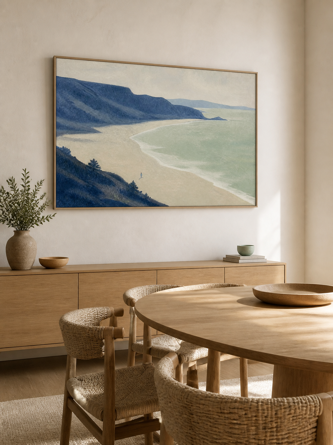Minimalist Blue Coastal Figure Landscape Painting Large Wall Decor
