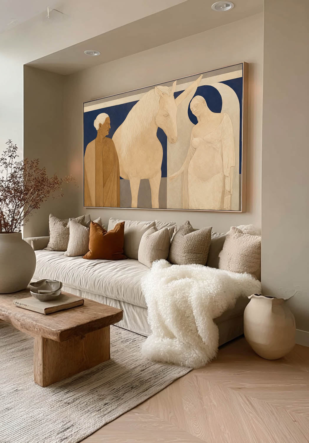 Large Horizontal Beige And Brown Abstract Figure Painting For Modern Living Room