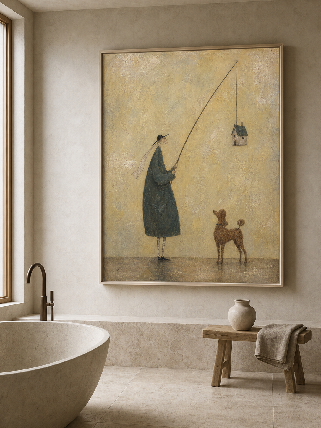 Large Man With House And Poodle Oil Painting Handmade Whimsical Wall Art
