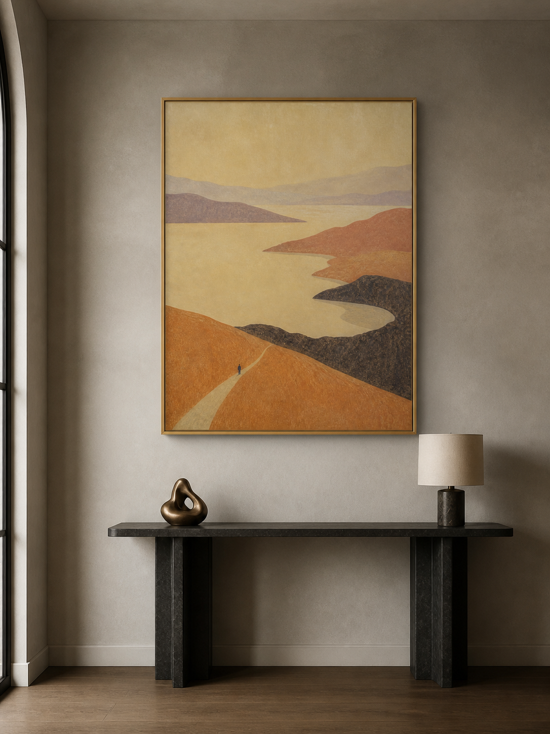 Abstract Lake Landscape Canvas Painting With Solitary Figure In Beige And Brown