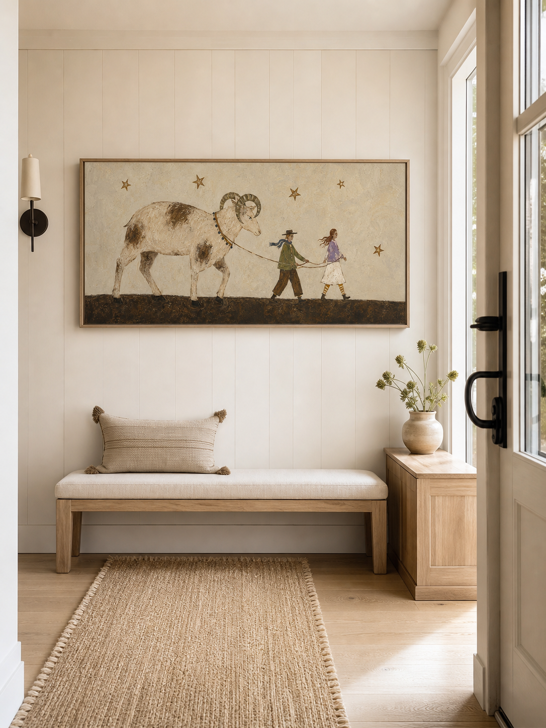 Hand Painted Folk Goat Journey Painting Bohemian Symbolic Wall Art Naive Mythic Story Artwork