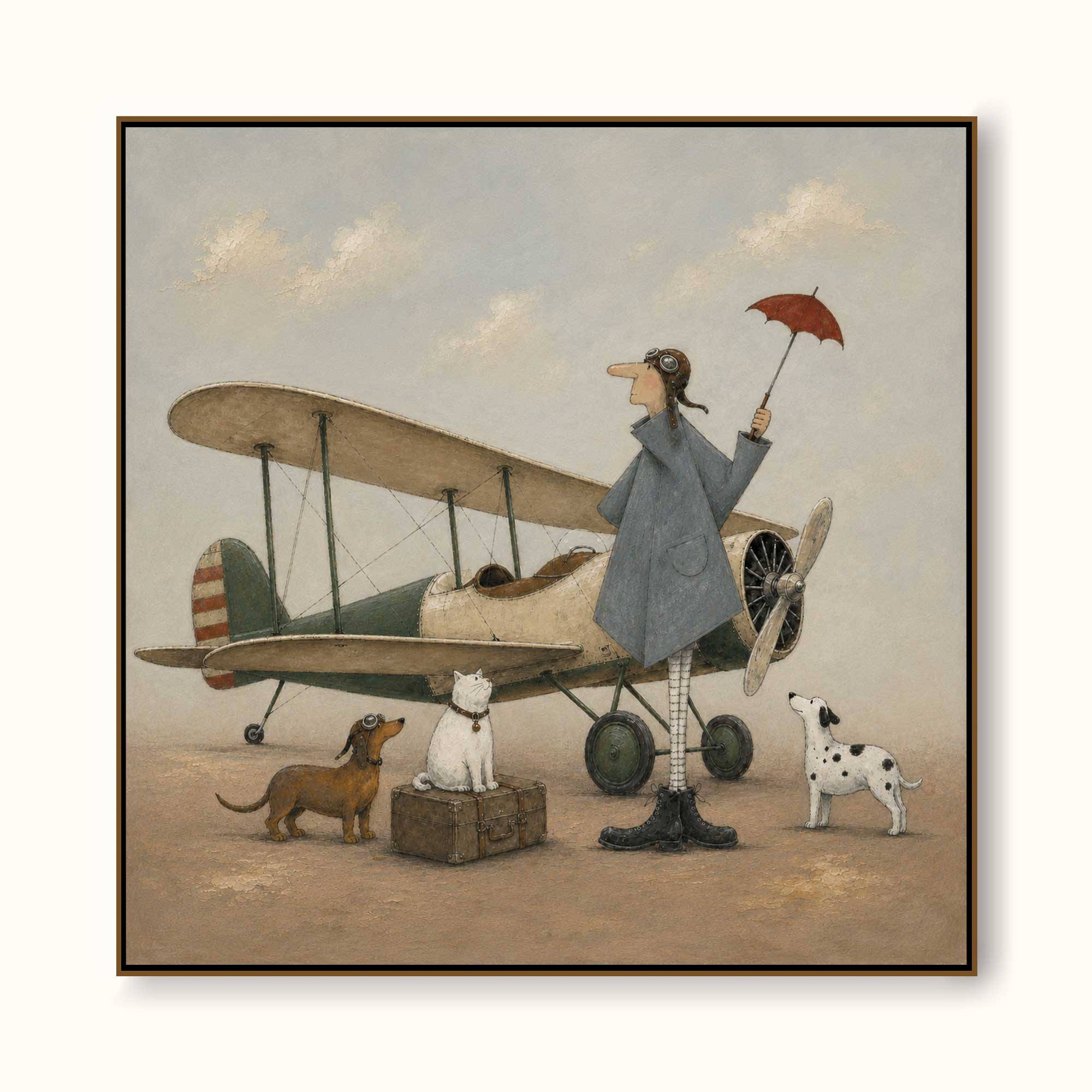 Minimalist Vintage Airplane Canvas Painting Handmade Retro Pilot With Dogs Art