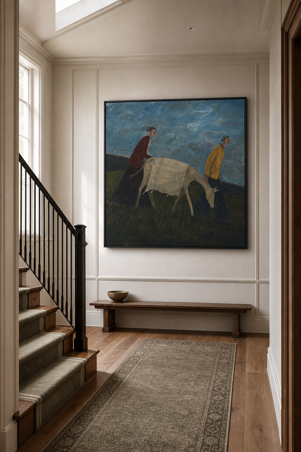 Vintage Folk Painting With People And Animal In Countryside Scene For Rustic Home Decor
