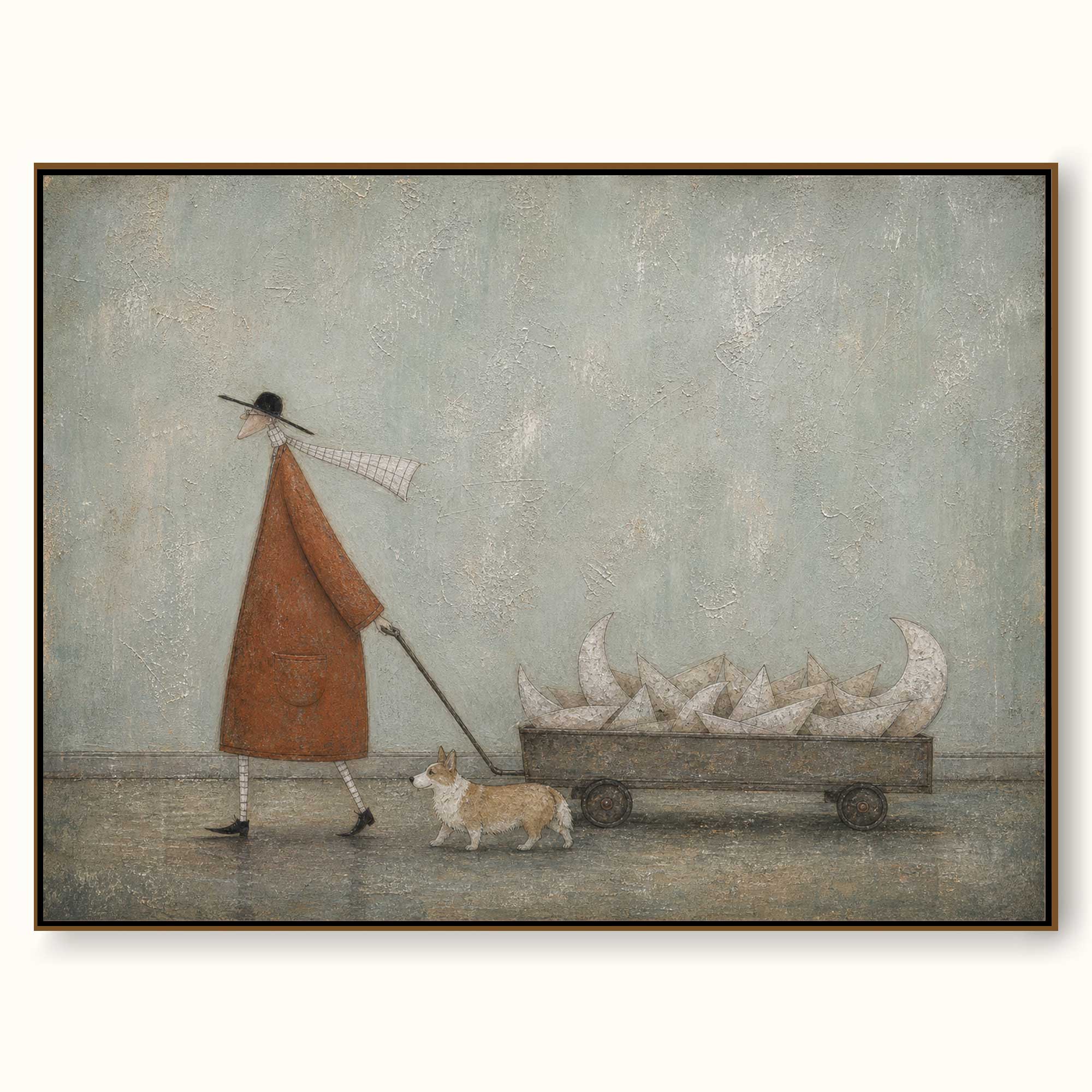Original Hand Painted Corgi Paper Boat Painting Whimsical Storybook Wall Art