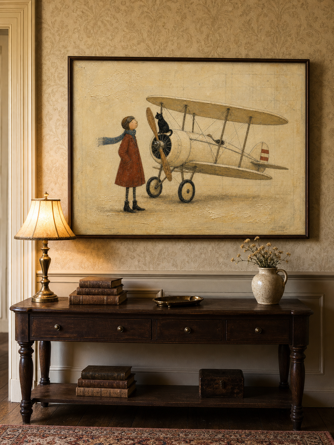 Vintage Pilot Painting With Biplane And Cat For Retro Home Decor