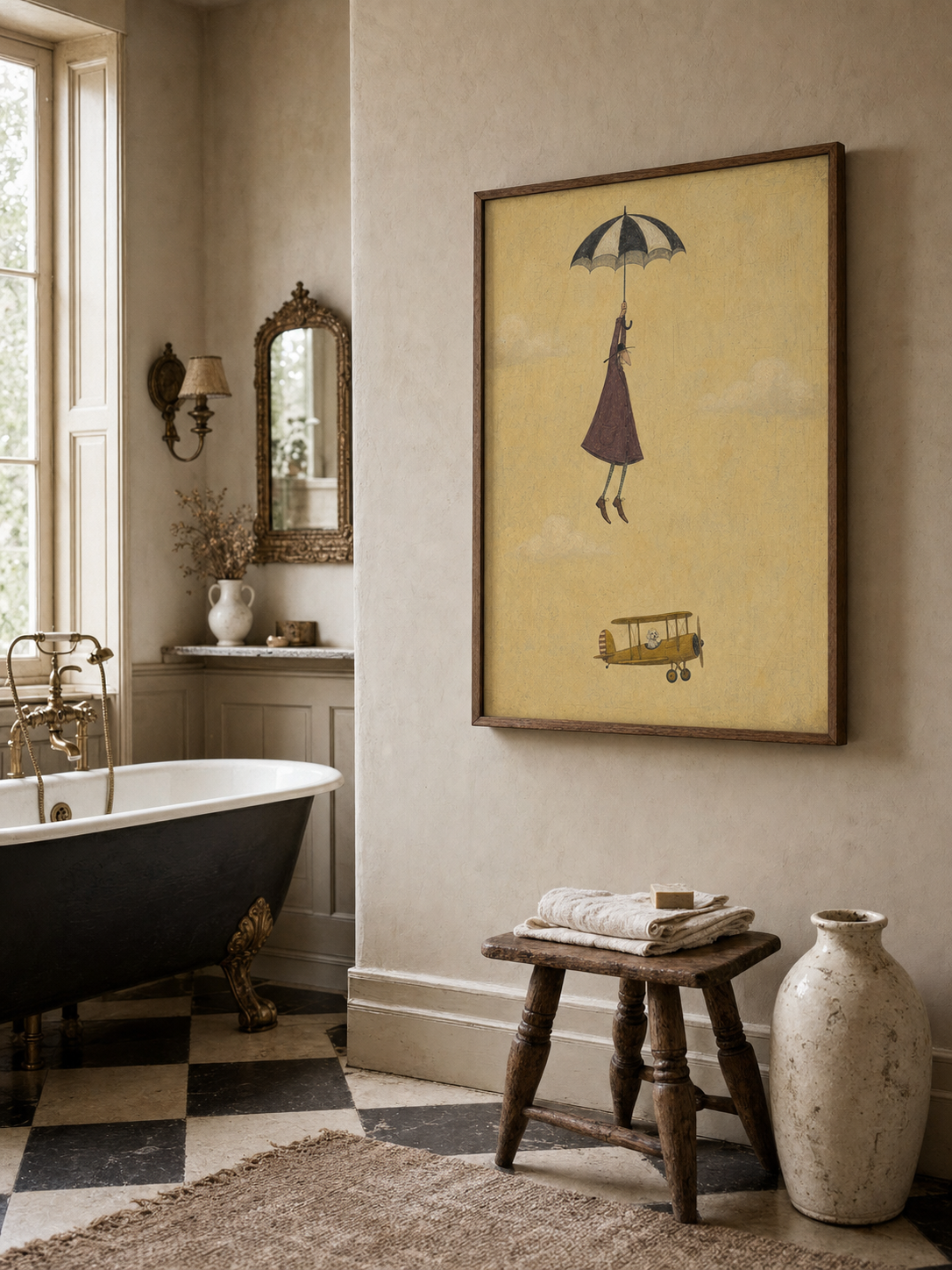 Vintage Style Minimalist Painting Of Flying Figure With Umbrella And Classic Yellow Airplane