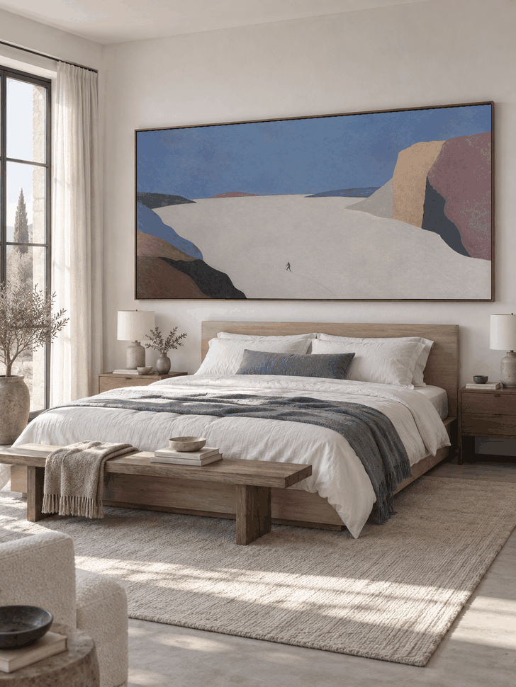Minimalist Snow Valley Canvas Art With Lone Traveler For Modern Office Decor