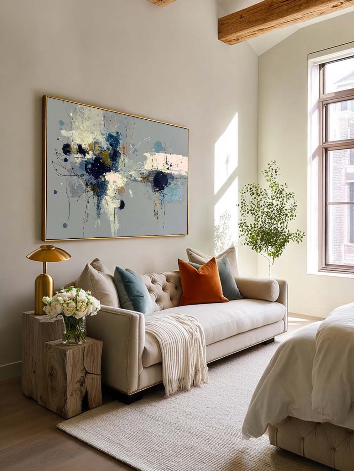 Square Abstract Floral Oil Painting Grey And Blue Minimalist Wall Art